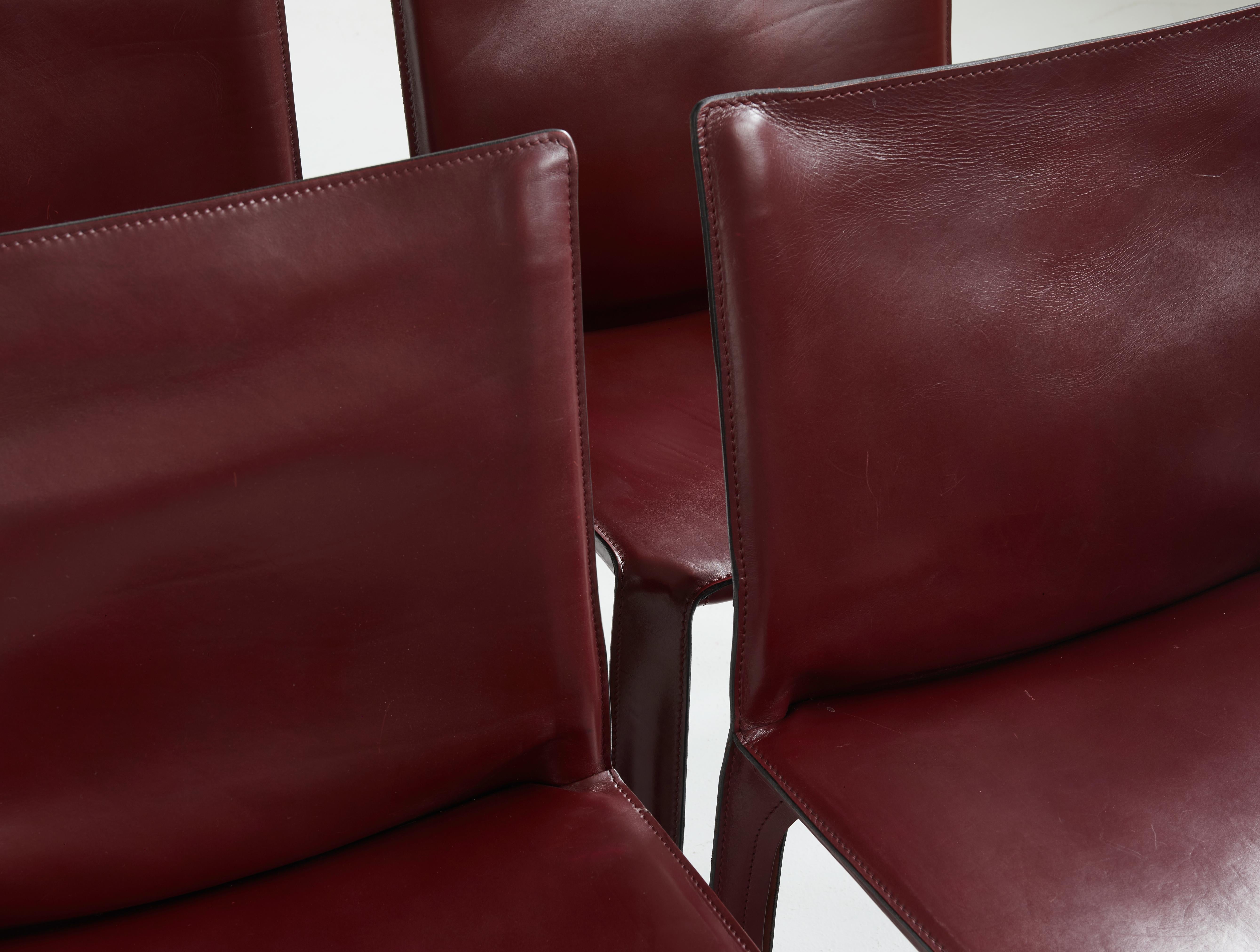 Metal Set of 4 CAB burgundy leather chairs by Mario Bellini for Cassina, Italy 