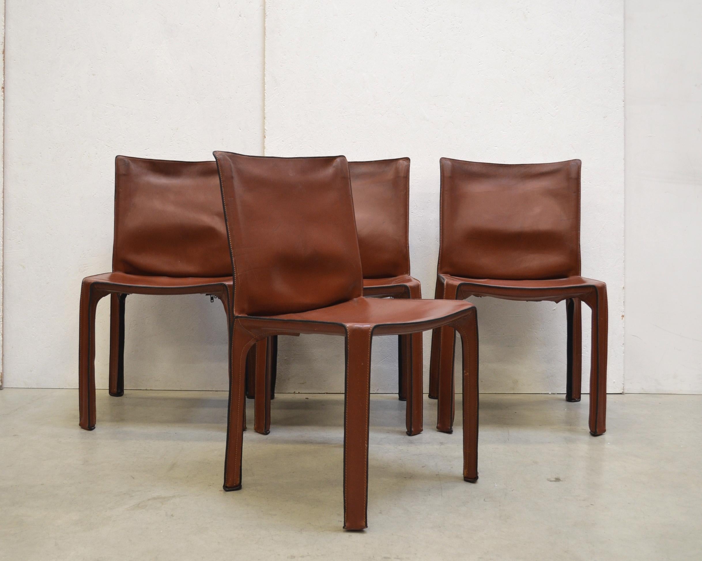 Italian Set of 4 Cab Chair 412 by Mario Bellini for Cassina Cognac Leather