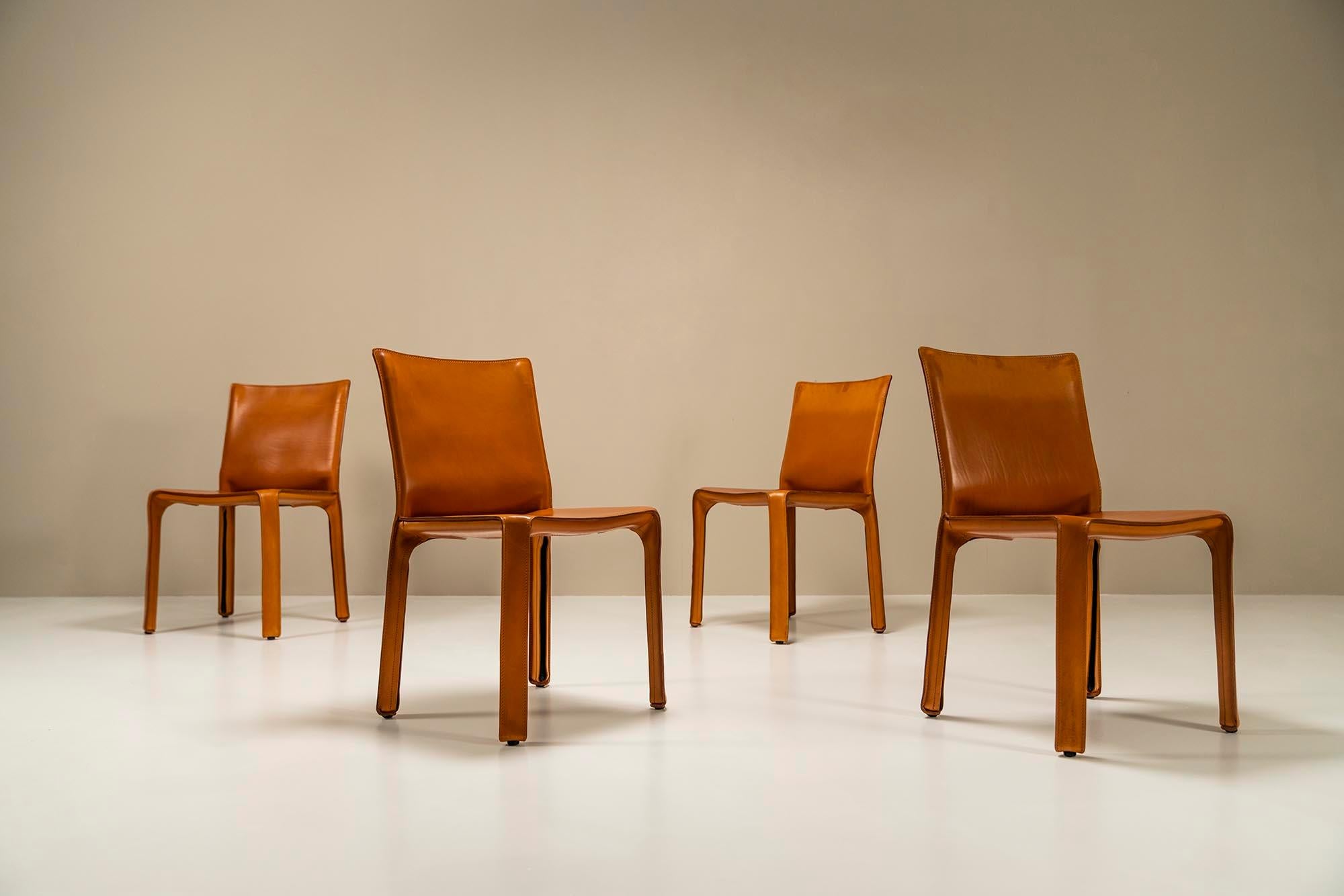 Mid-Century Modern Set of 4 'CAB' Chairs in Cognac Leather by Mario Bellini for Cassina, Italy 1977