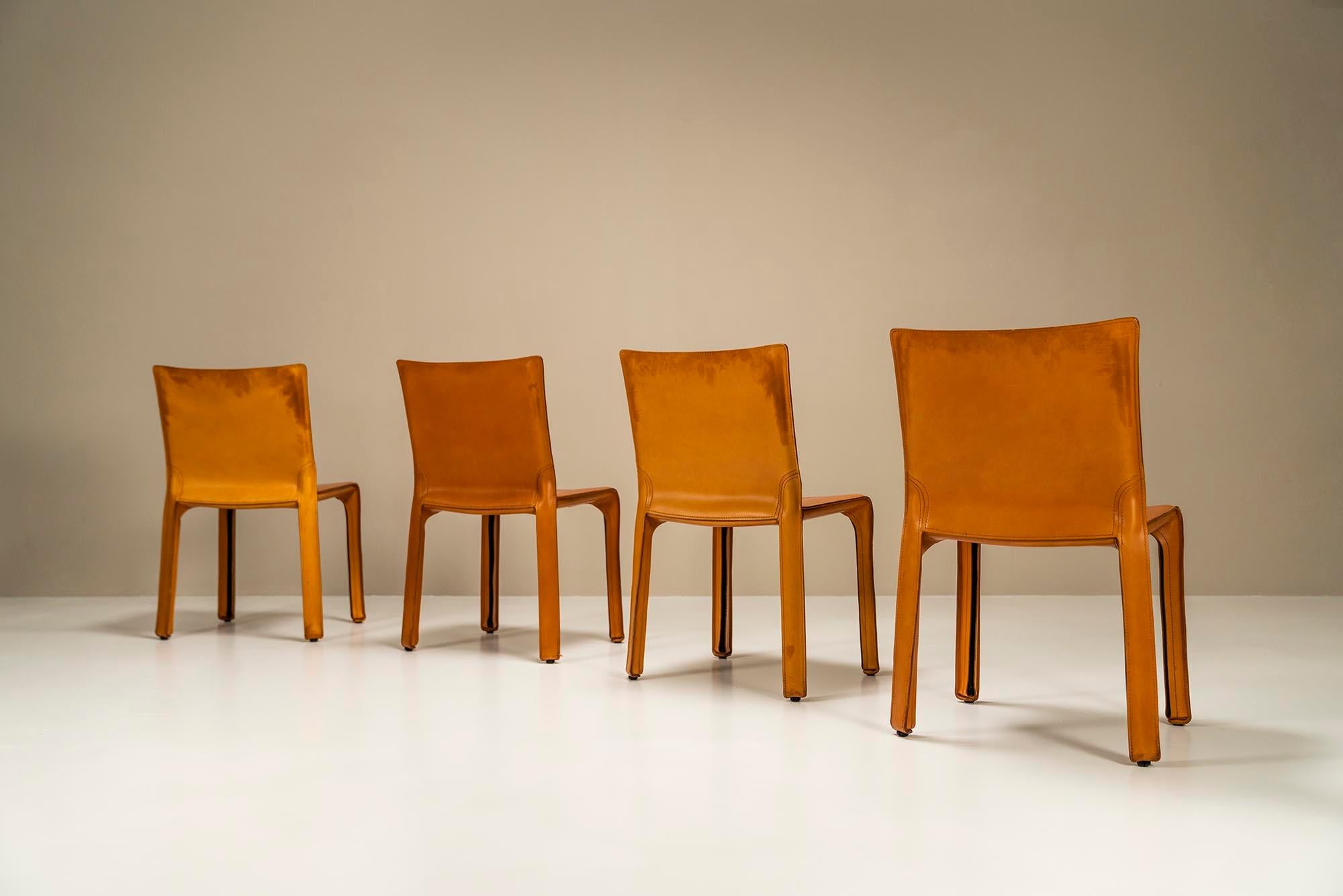 Italian Set of 4 'CAB' Chairs in Cognac Leather by Mario Bellini for Cassina, Italy 1977