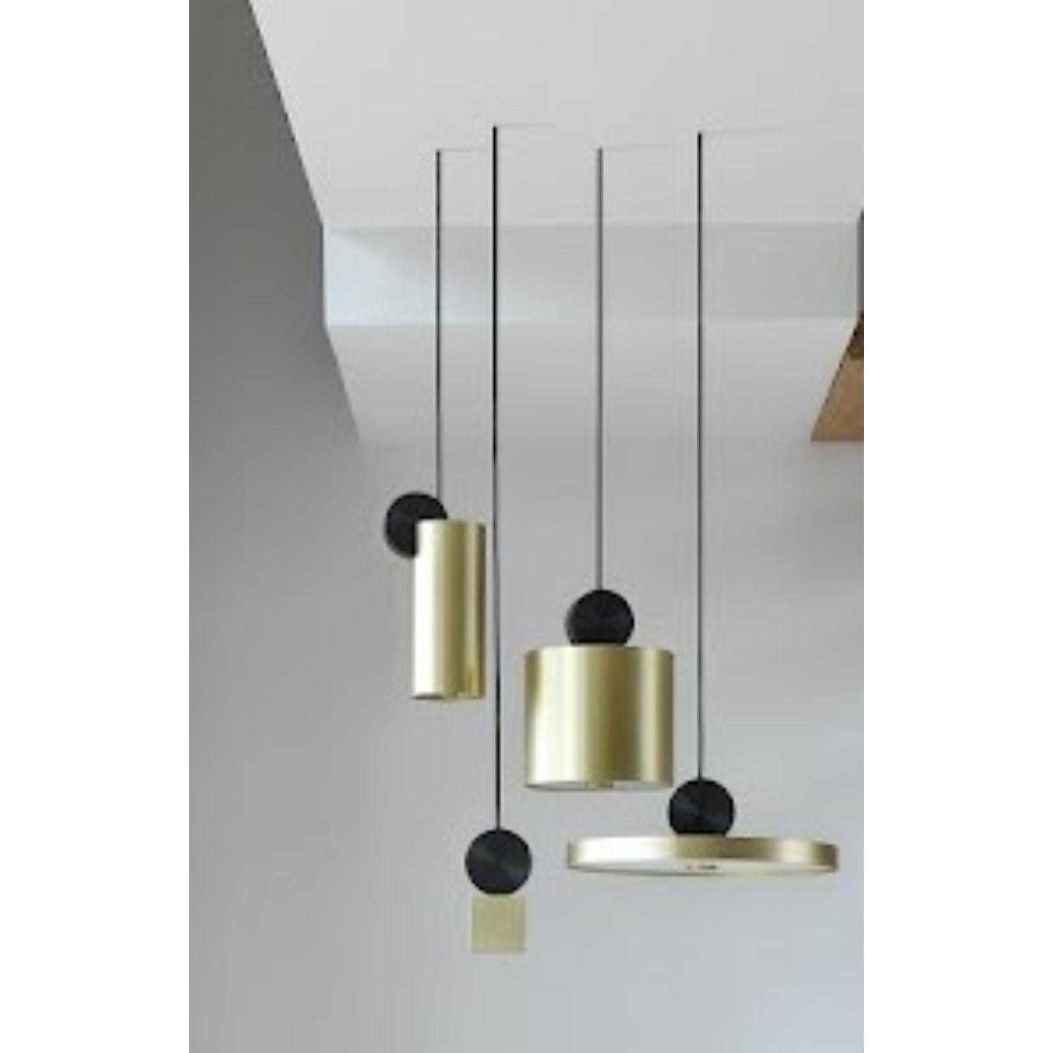 Set of 4 calee pendants by Pool
Dimensions: D 40 x H 216.3, D 16 x H 234.3, D 16 x H 231.3, D 16 x H 221.3 cm
Materials: Solid brass, polycarbonate, black textile cable (2m).
Others finishes and dimensions are available.

All our lamps can be