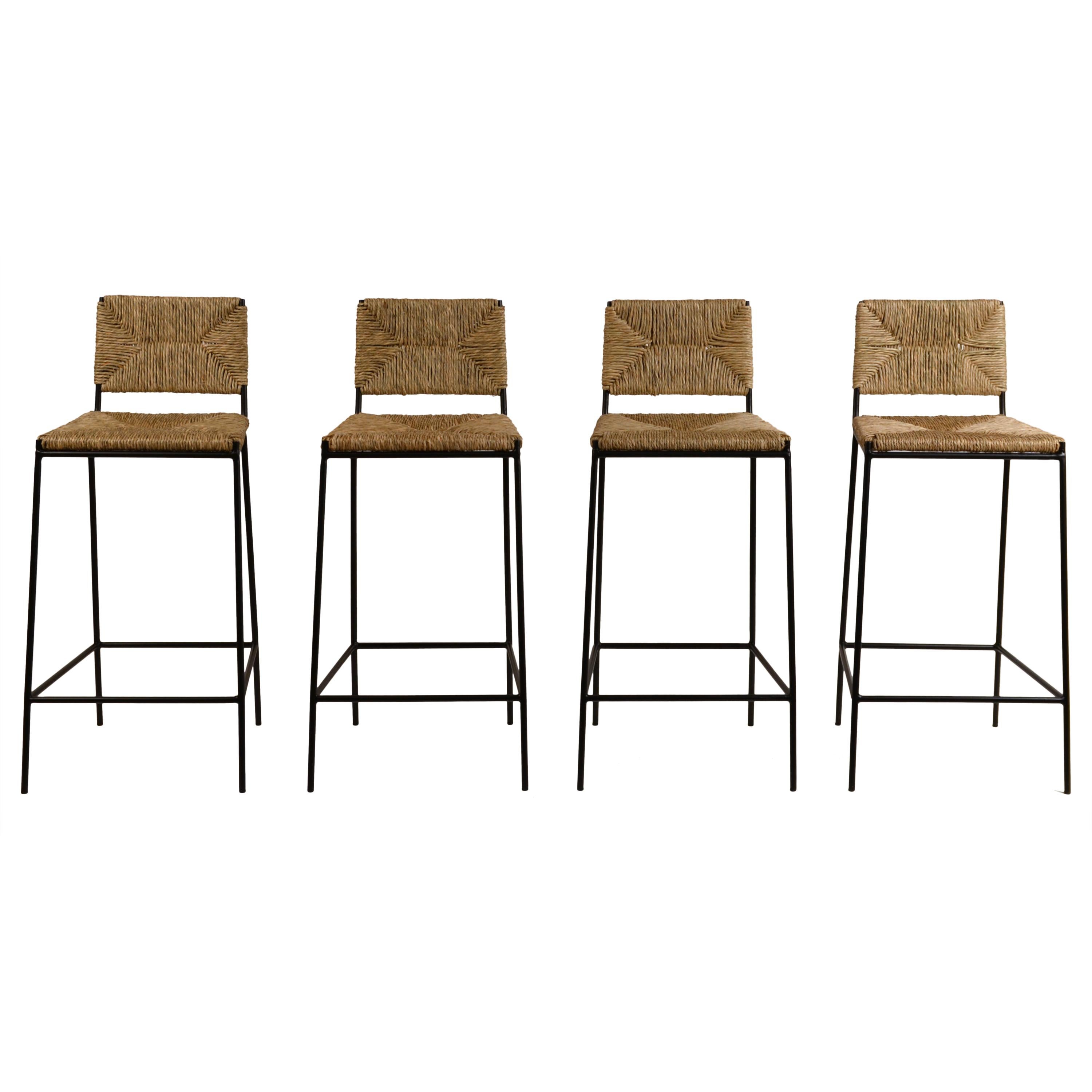 Set of 4 'Campagne' Steel and Rush Counter Stools by Design Frères For Sale