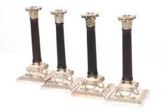 Set of Four Candlesticks, Classic Elegant Silver Plate Ebony Column, Ram's Head