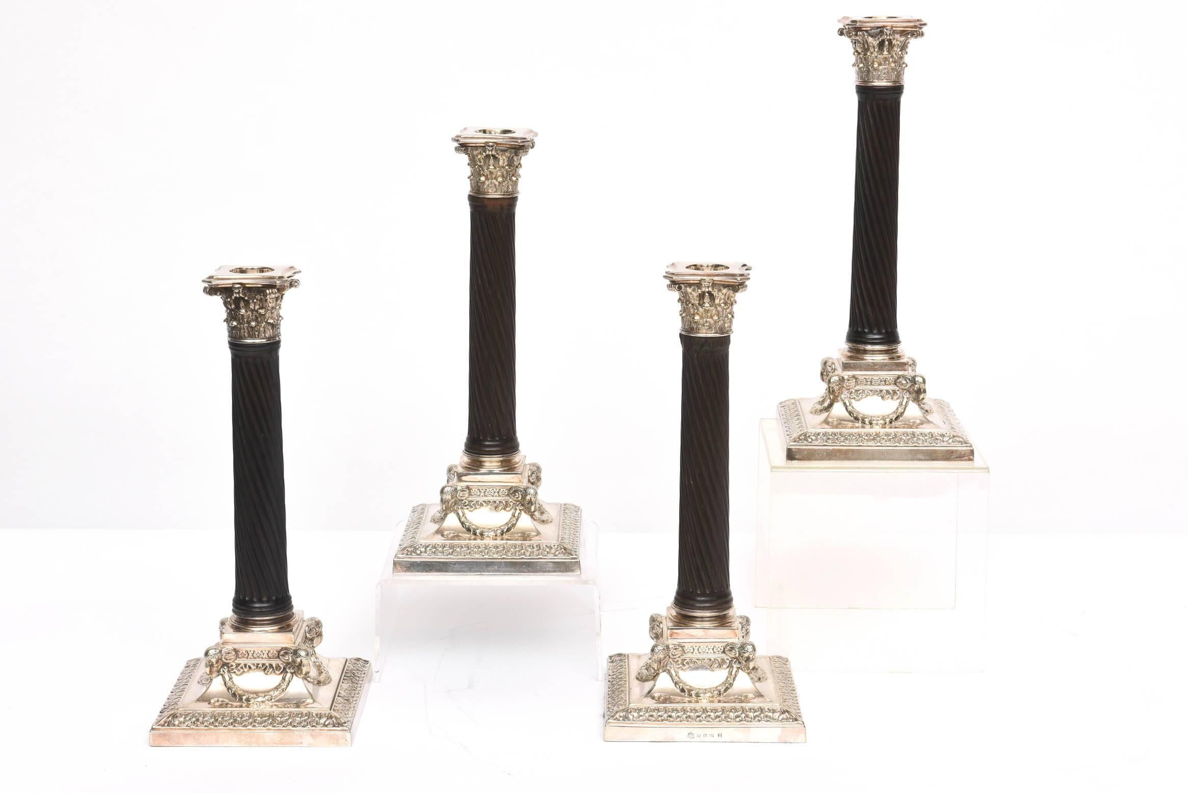 Georgian Set of Four Candlesticks, Classic Elegant Silver Plate Ebony Column, Ram's Head