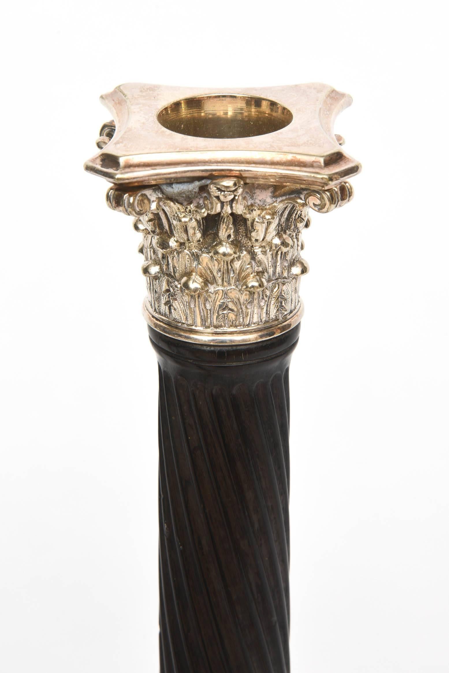 English Set of Four Candlesticks, Classic Elegant Silver Plate Ebony Column, Ram's Head