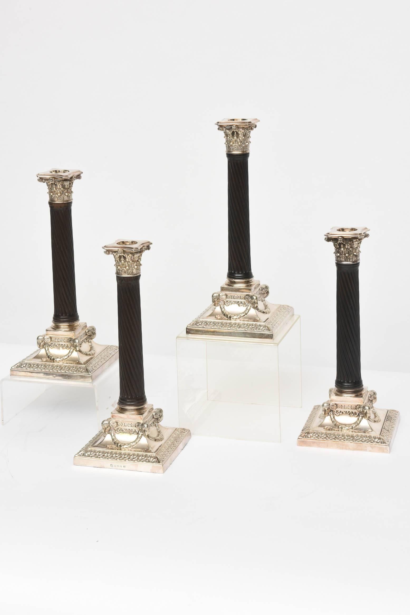 Sterling Silver Set of Four Candlesticks, Classic Elegant Silver Plate Ebony Column, Ram's Head