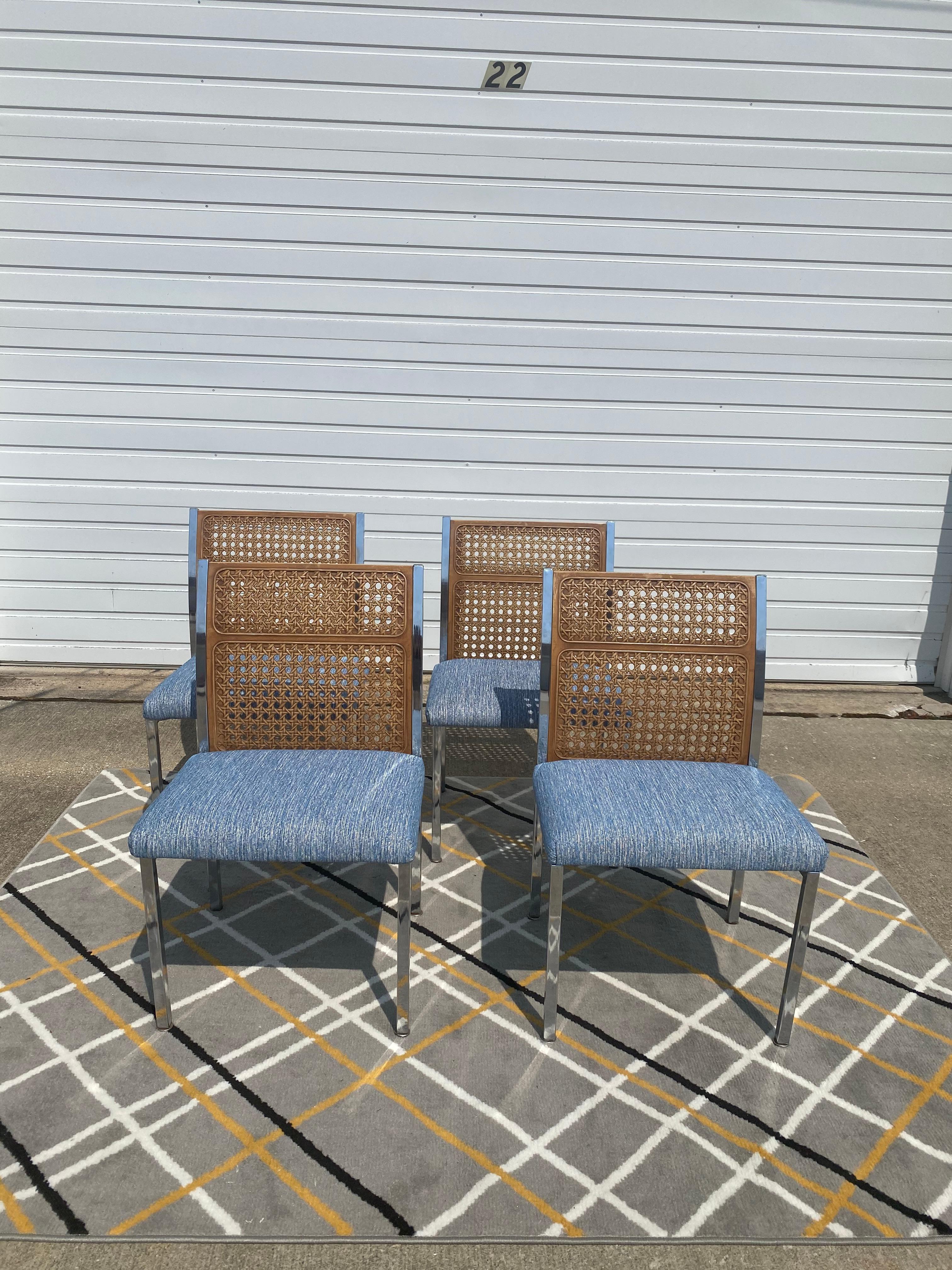 Mid-Century Modern Set of 4 Cane Back Dining Chairs with Metal Frames