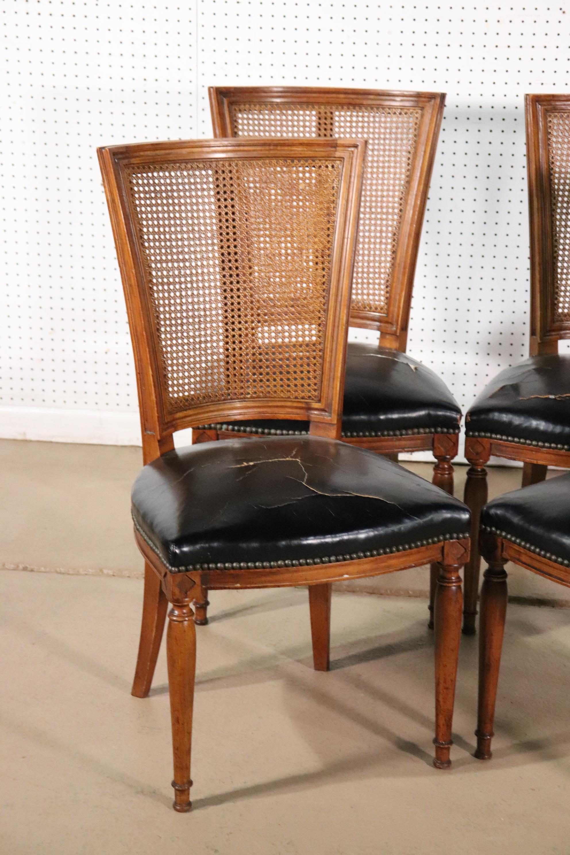 Set of 4 Cane Back French Louis XVI Distressed Leather Dining Chairs In Good Condition In Swedesboro, NJ
