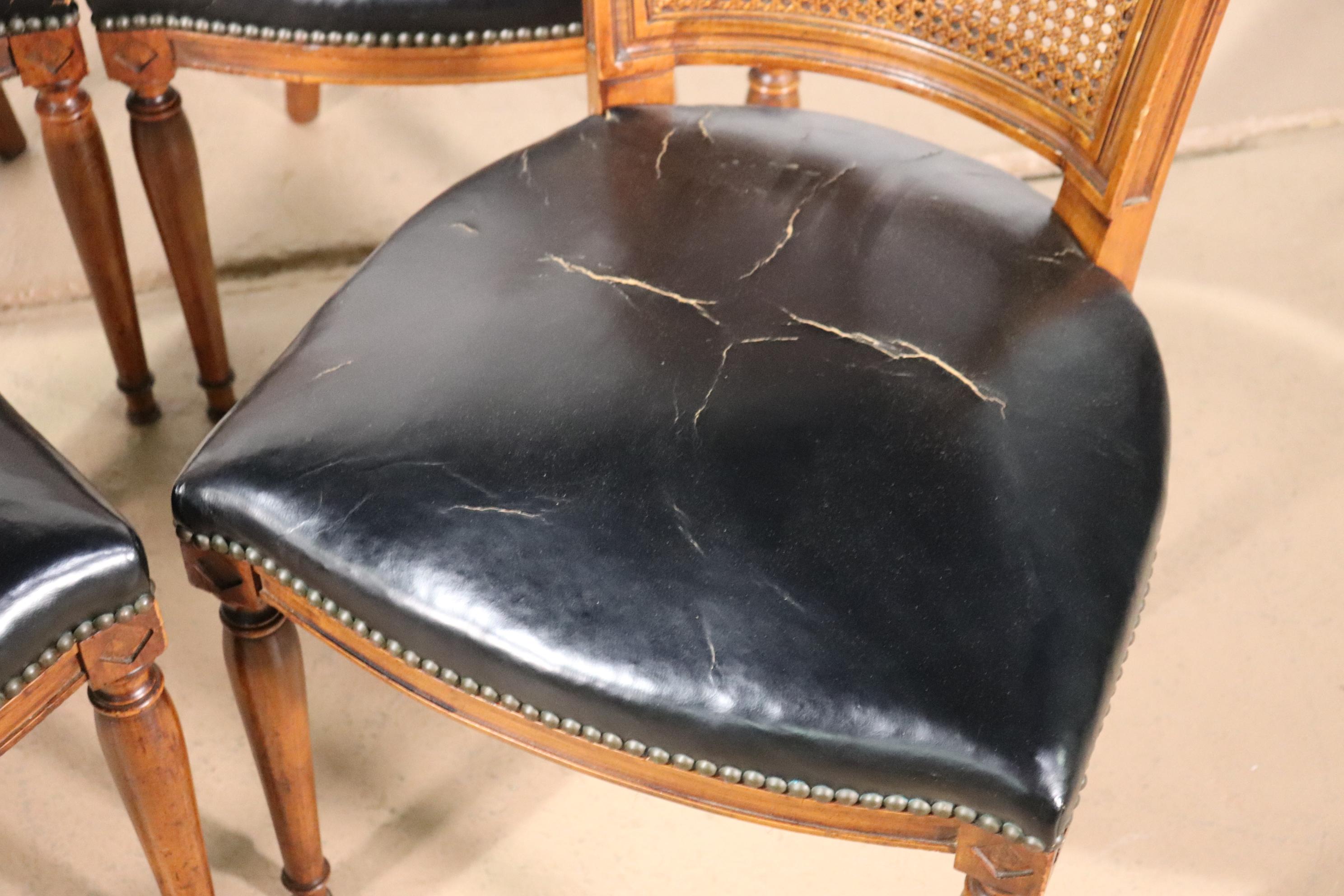 Set of 4 Cane Back French Louis XVI Distressed Leather Dining Chairs 1
