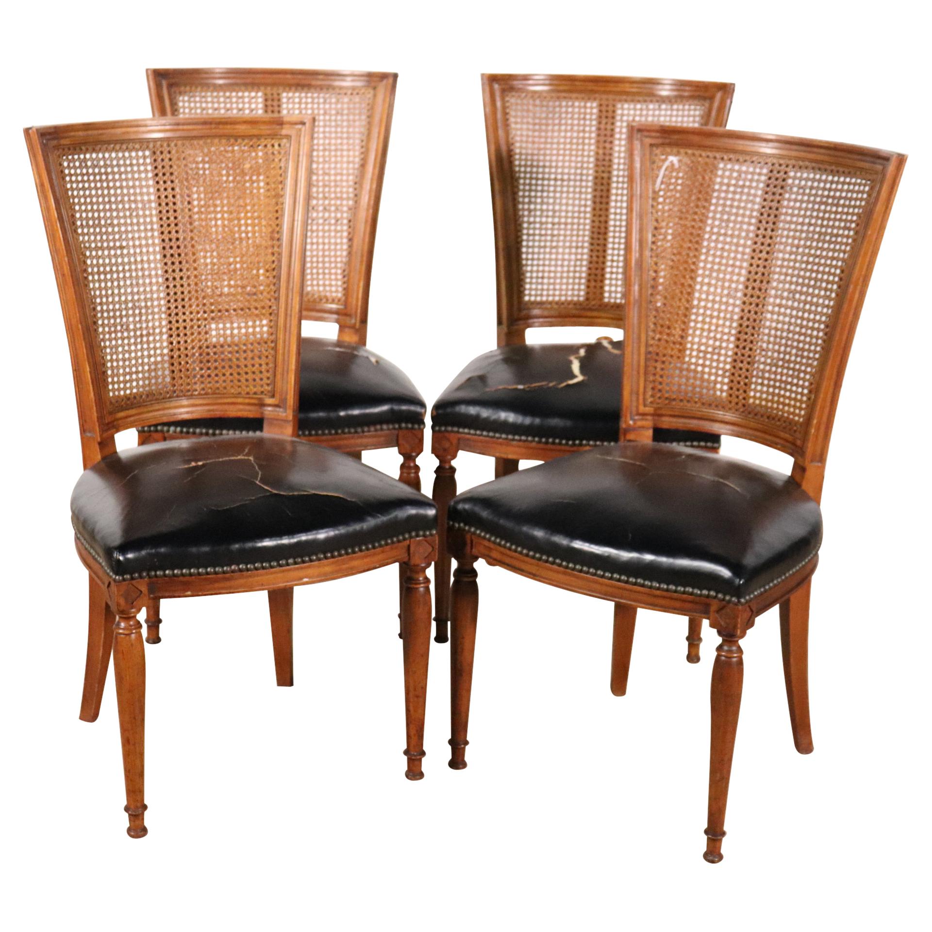 Set of 4 Cane Back French Louis XVI Distressed Leather Dining Chairs
