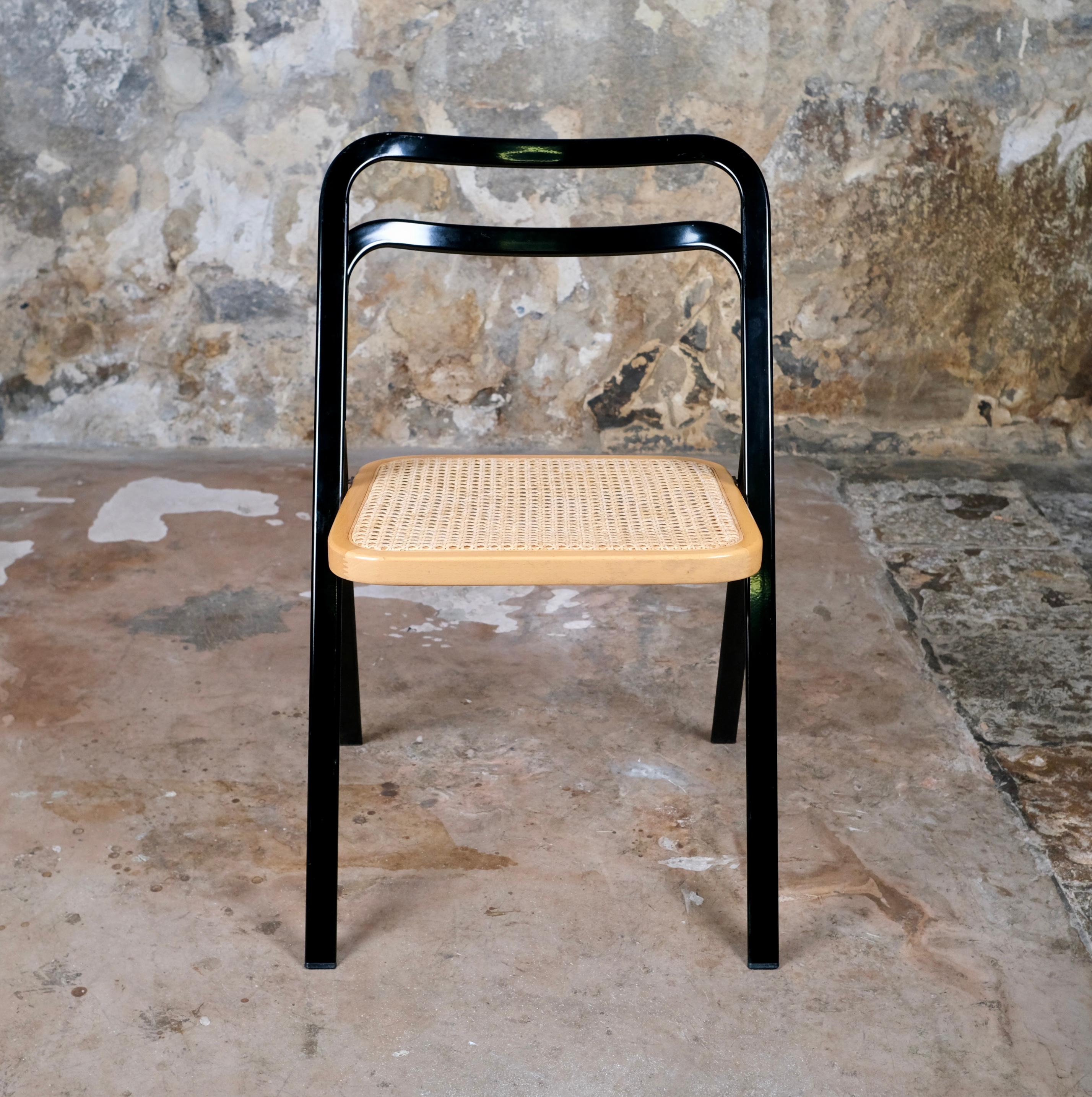 Ensemble de 4 chaises pliantes en canne de Giorgio Cattelan pour Cidue, Italie, 1970 Bon état - En vente à Lyon, FR