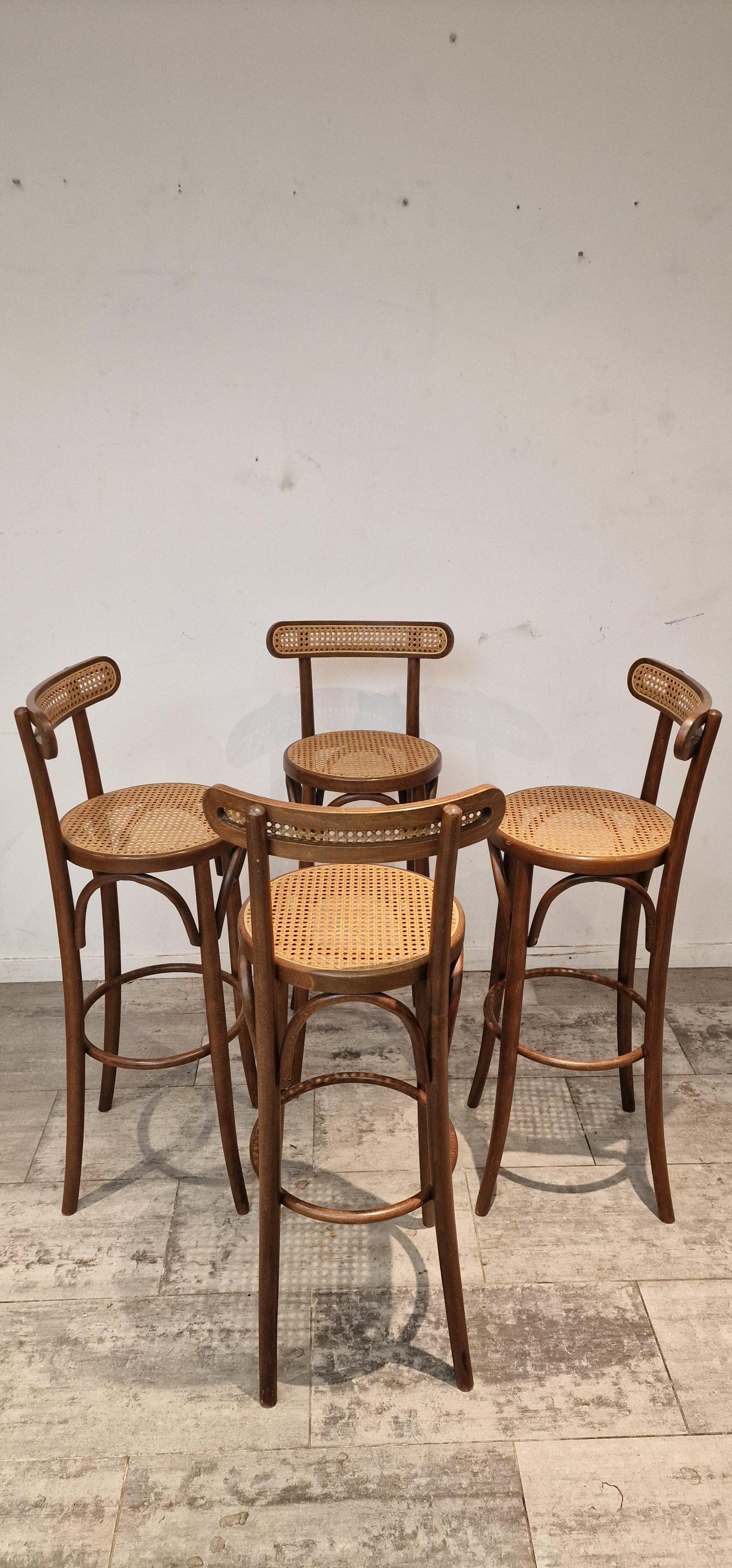 Mid-Century Modern Set of 4 Canned, Wooden Barstools, French, 1980s
