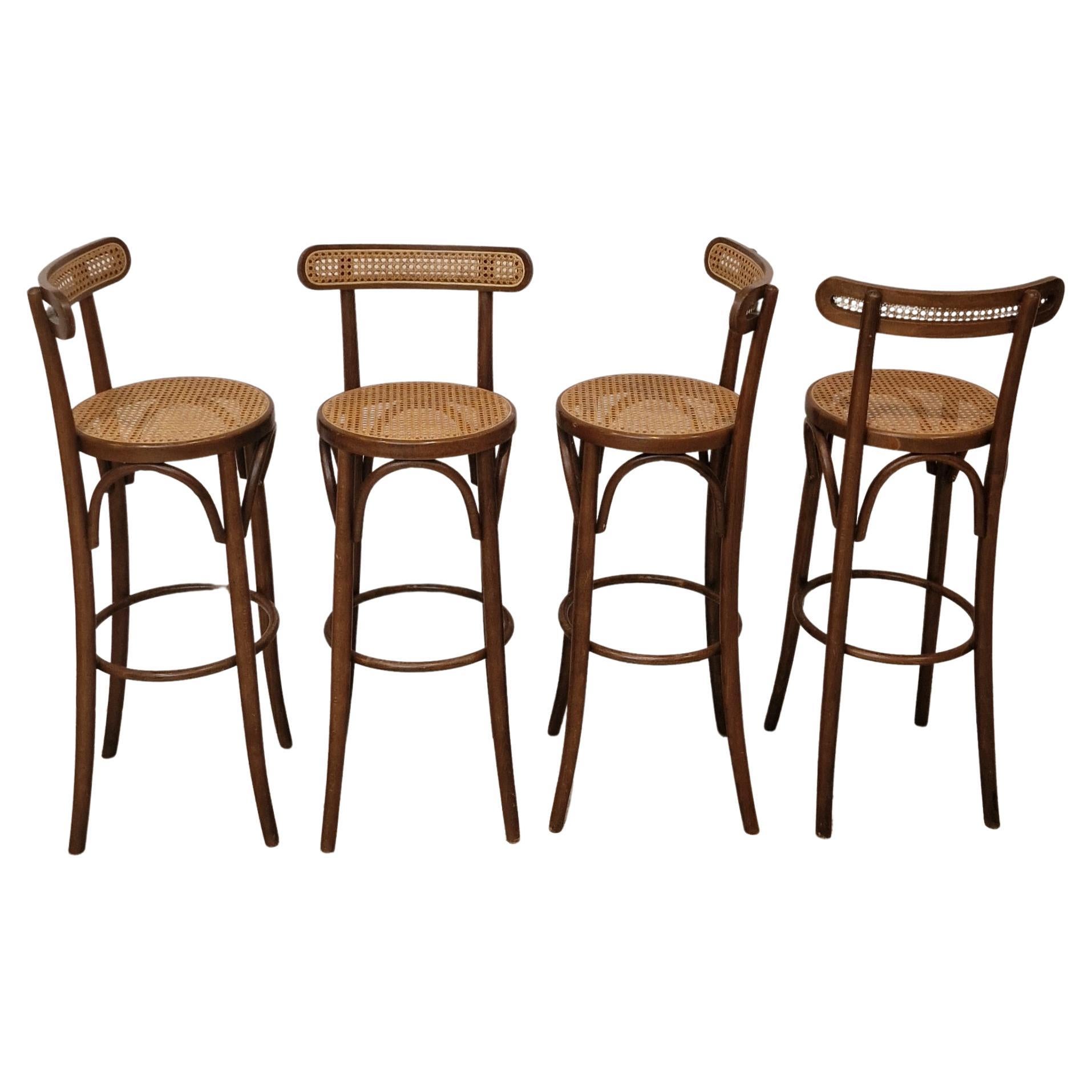 Set of 4 Canned, Wooden Barstools, French, 1980s