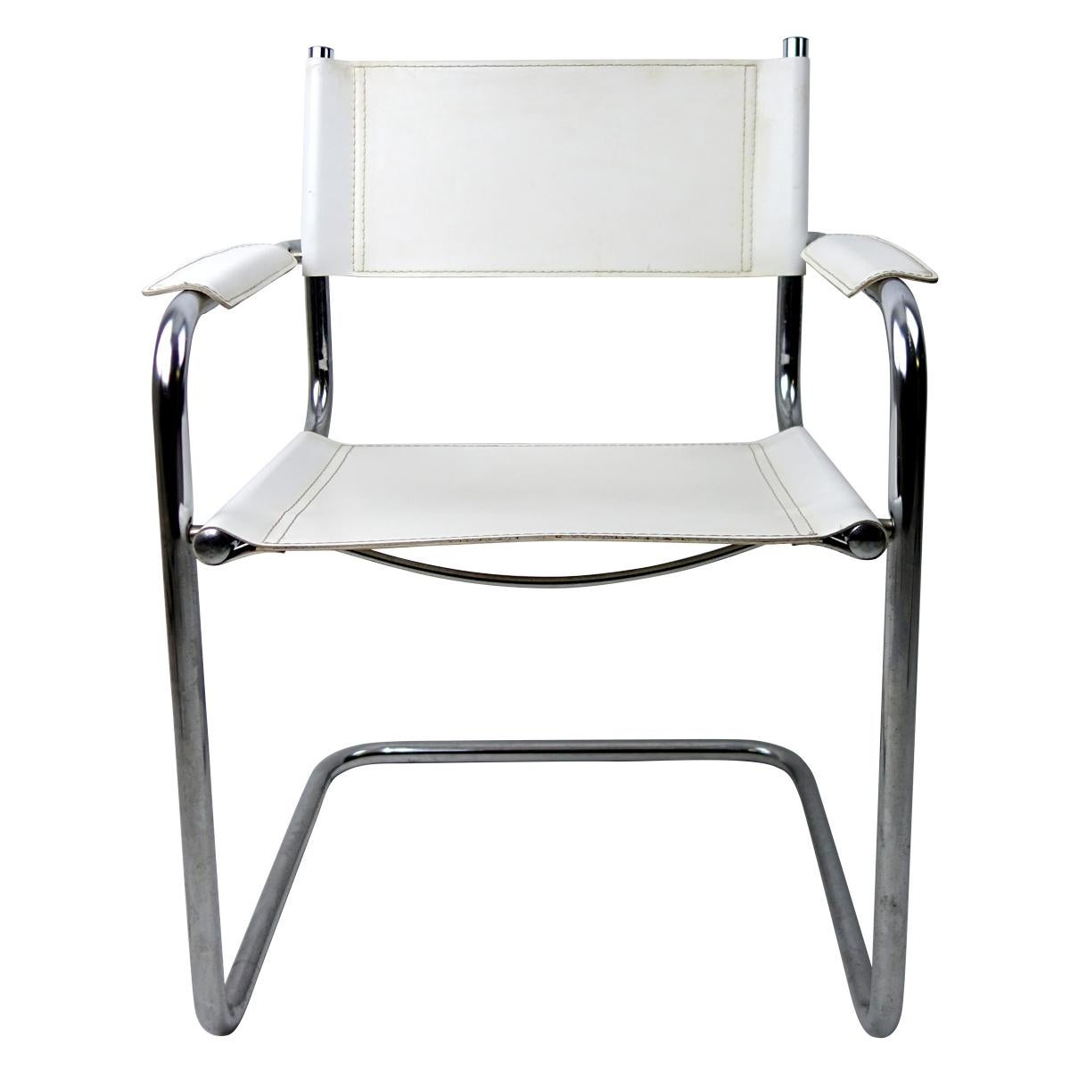 Set of 4 dining chairs with a chrome tubular base and white harness leather. The design is very much like Marcel Breuer's but the chairs are only marked 