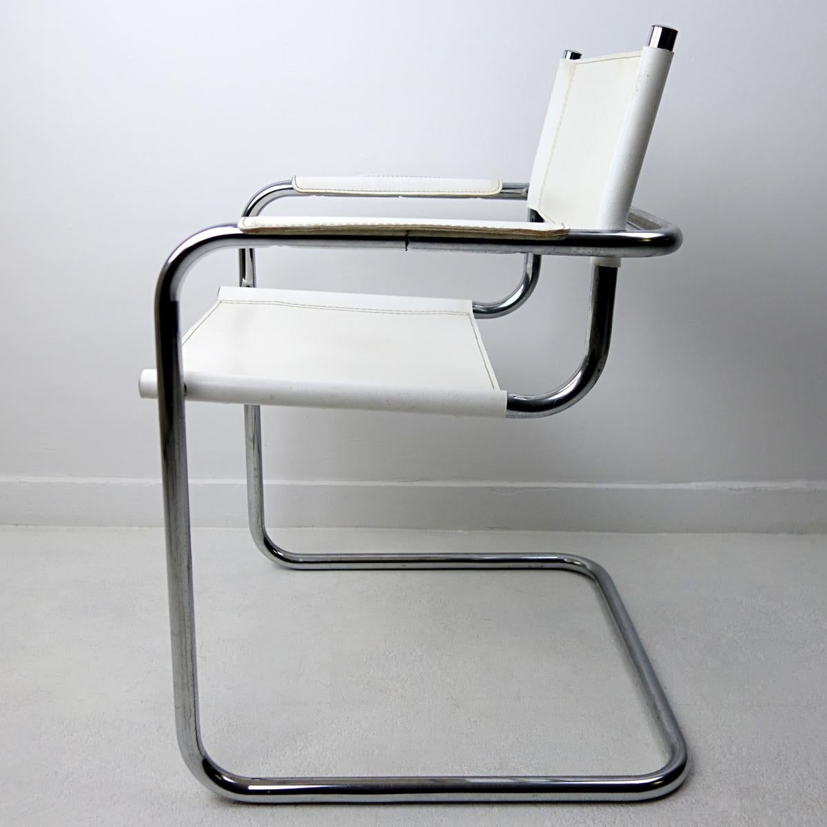 German Set of 4 Cantilever Bauhaus Tubular Chrome Dining Chairs with White Leather