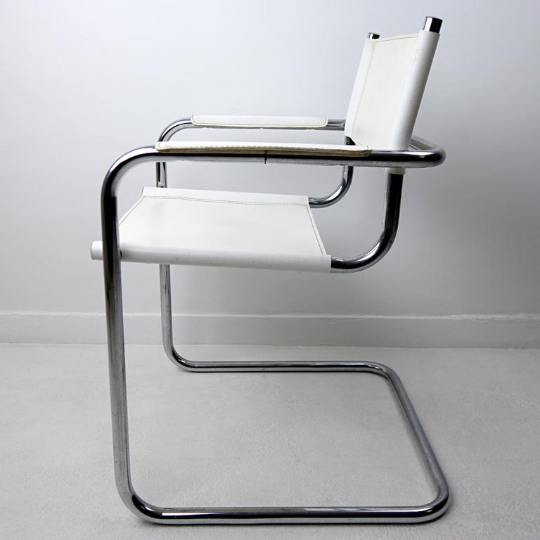 Set of 4 Cantilever Bauhaus Tubular Chrome Dining Chairs with White
