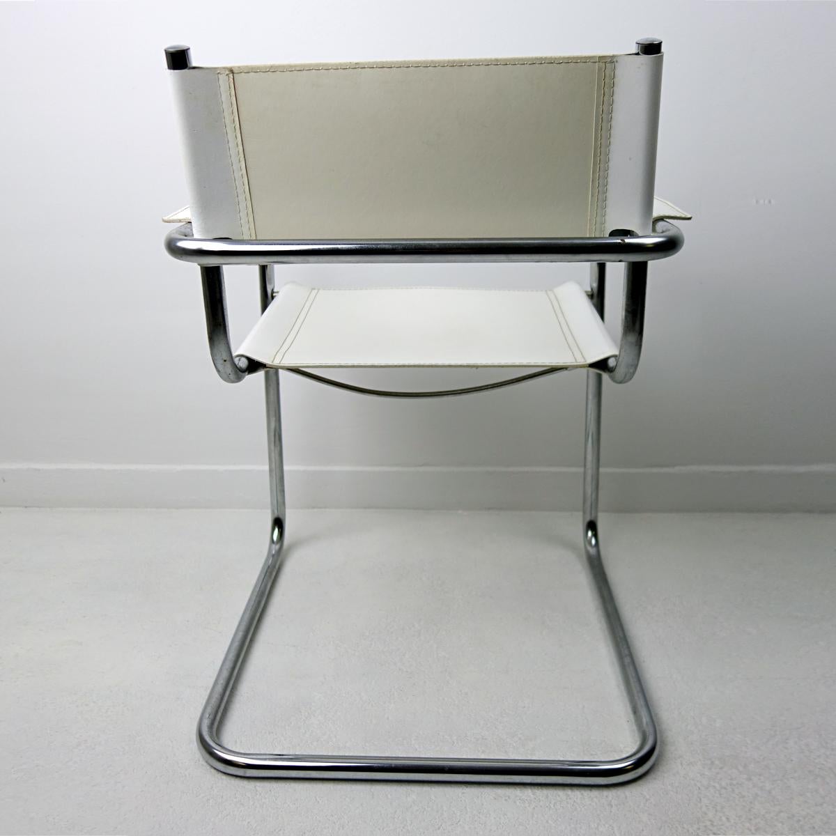 20th Century Set of 4 Cantilever Bauhaus Tubular Chrome Dining Chairs with White Leather