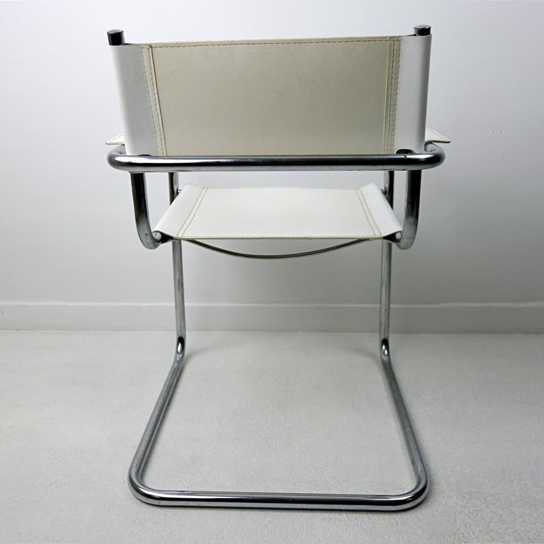 Set of 4 Cantilever Bauhaus Tubular Chrome Dining Chairs with White