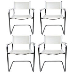 Set of 4 Cantilever Bauhaus Tubular Chrome Dining Chairs with White Leather