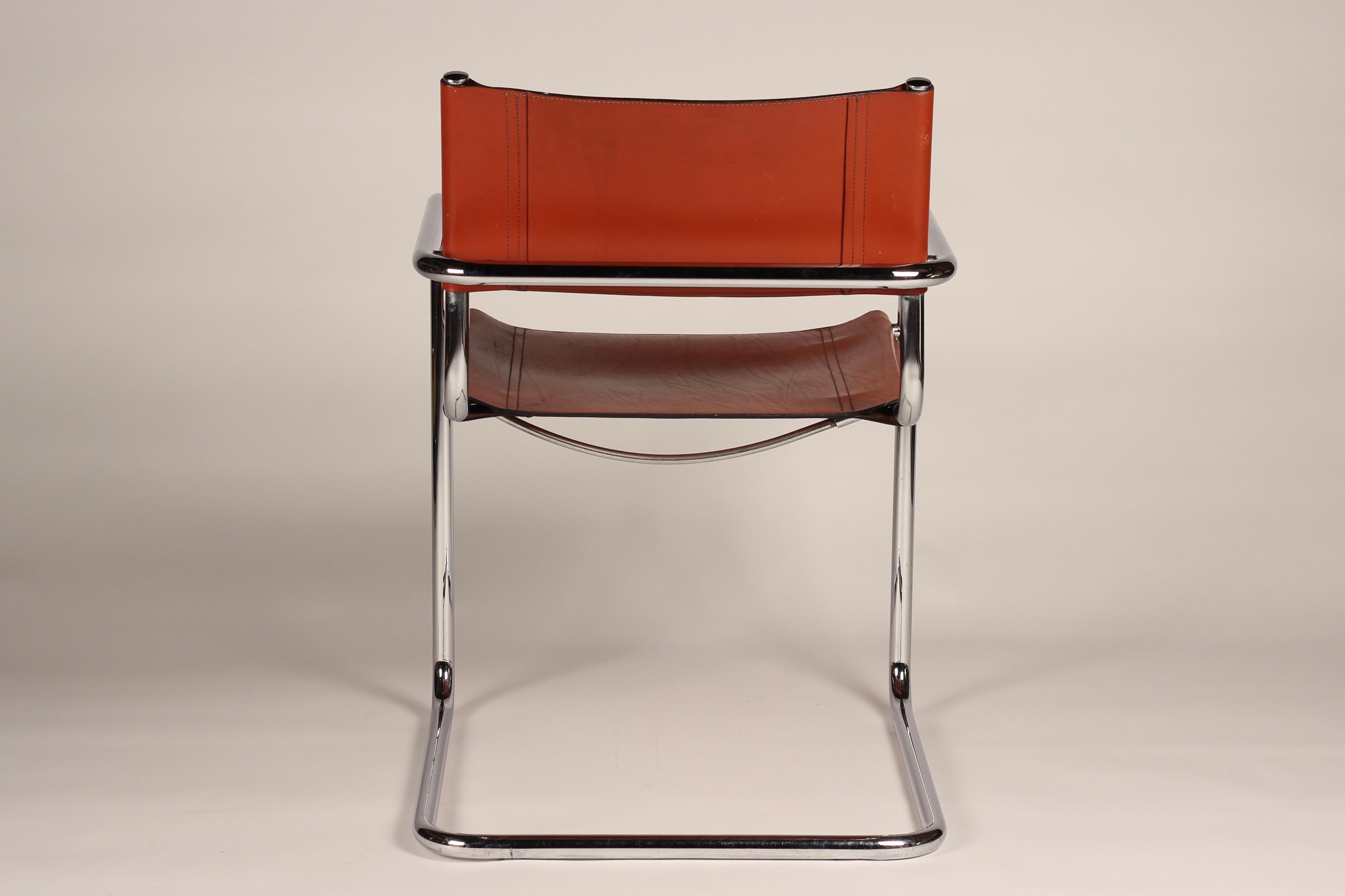 Set of 4 Cantilevered Cognac Leather and Chrome Armchairs After Mart Stam 4