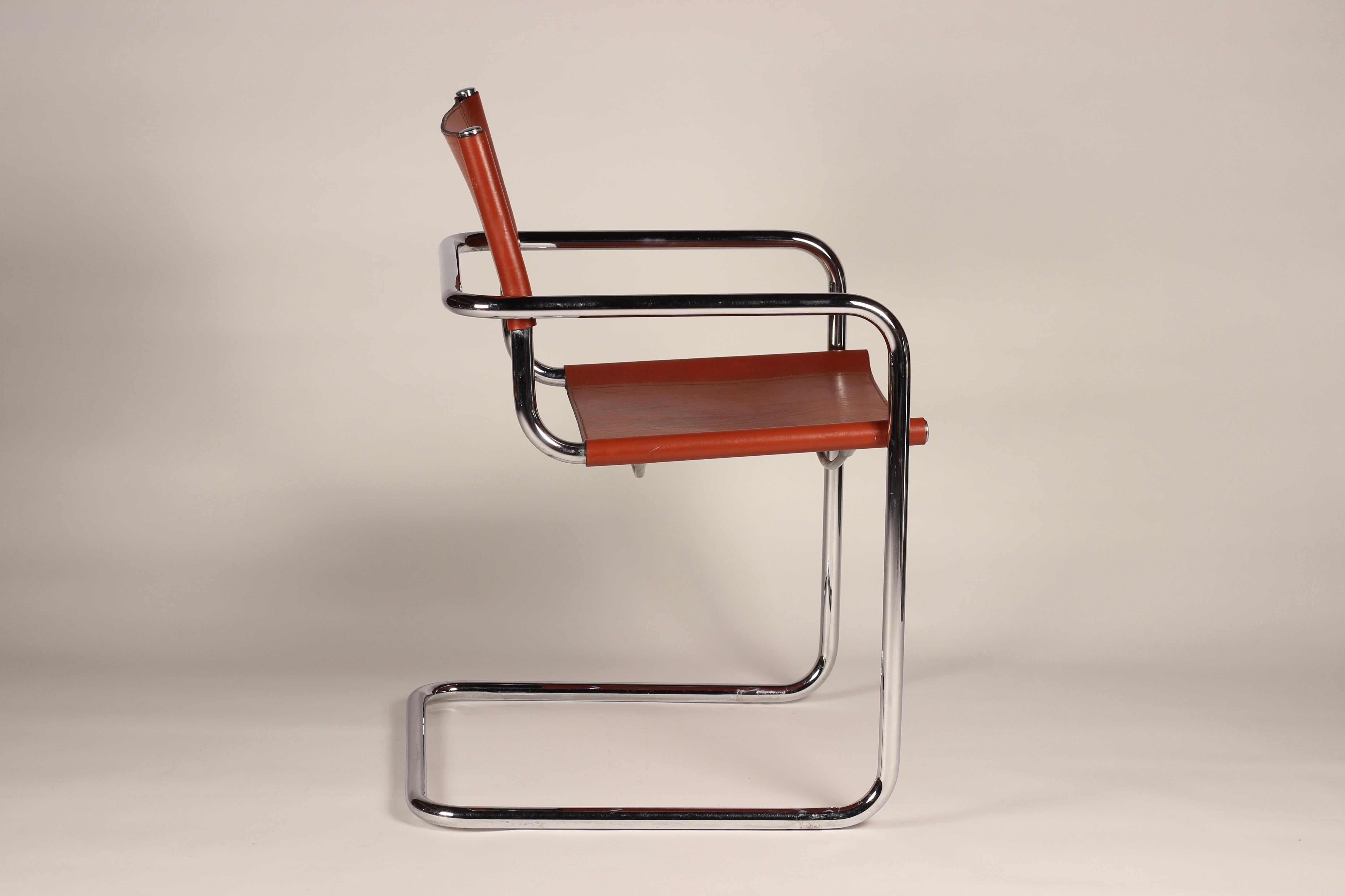 Set of 4 Cantilevered Cognac Leather and Chrome Armchairs After Mart Stam 6