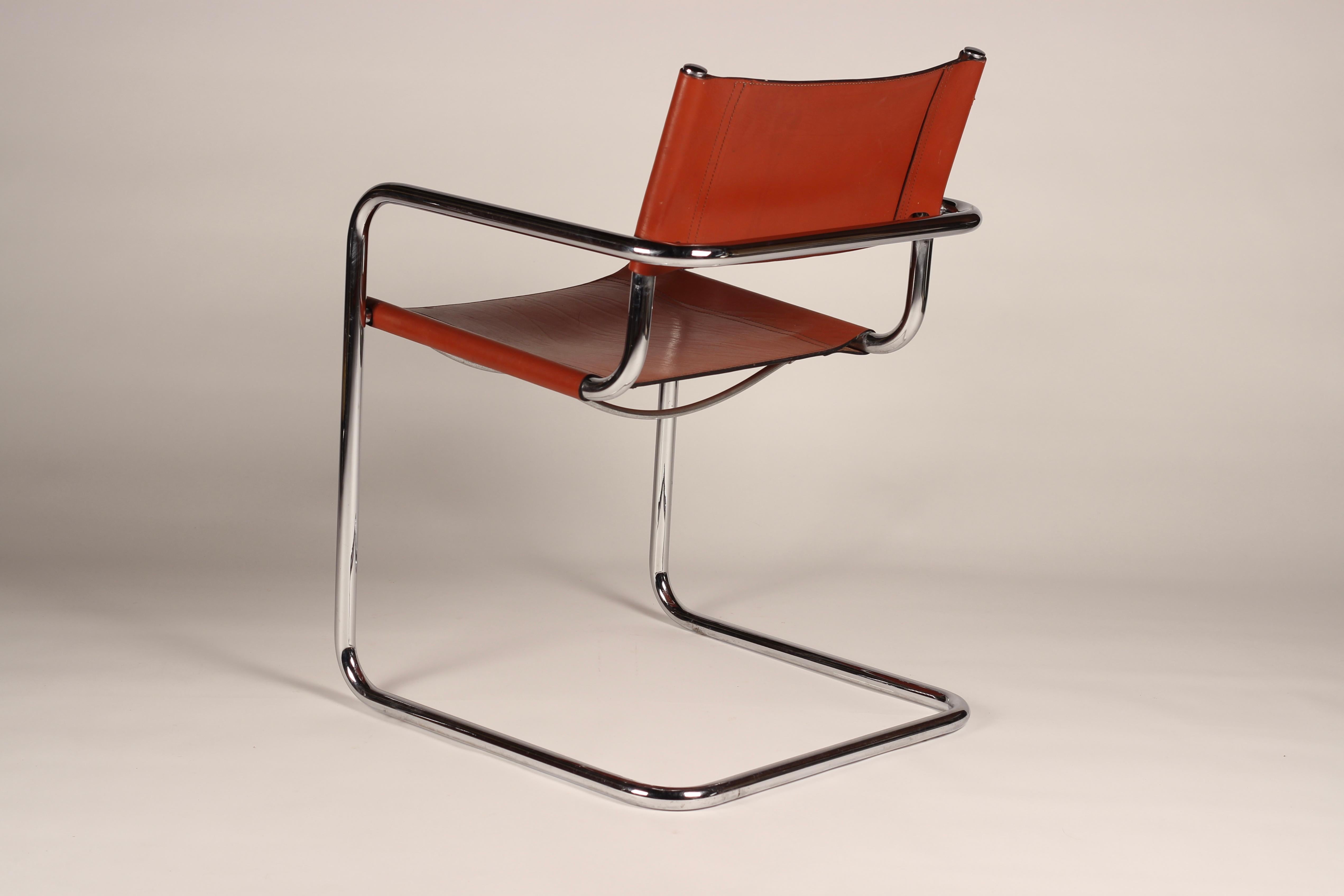 Set of 4 Cantilevered Cognac Leather and Chrome Armchairs After Mart Stam 8