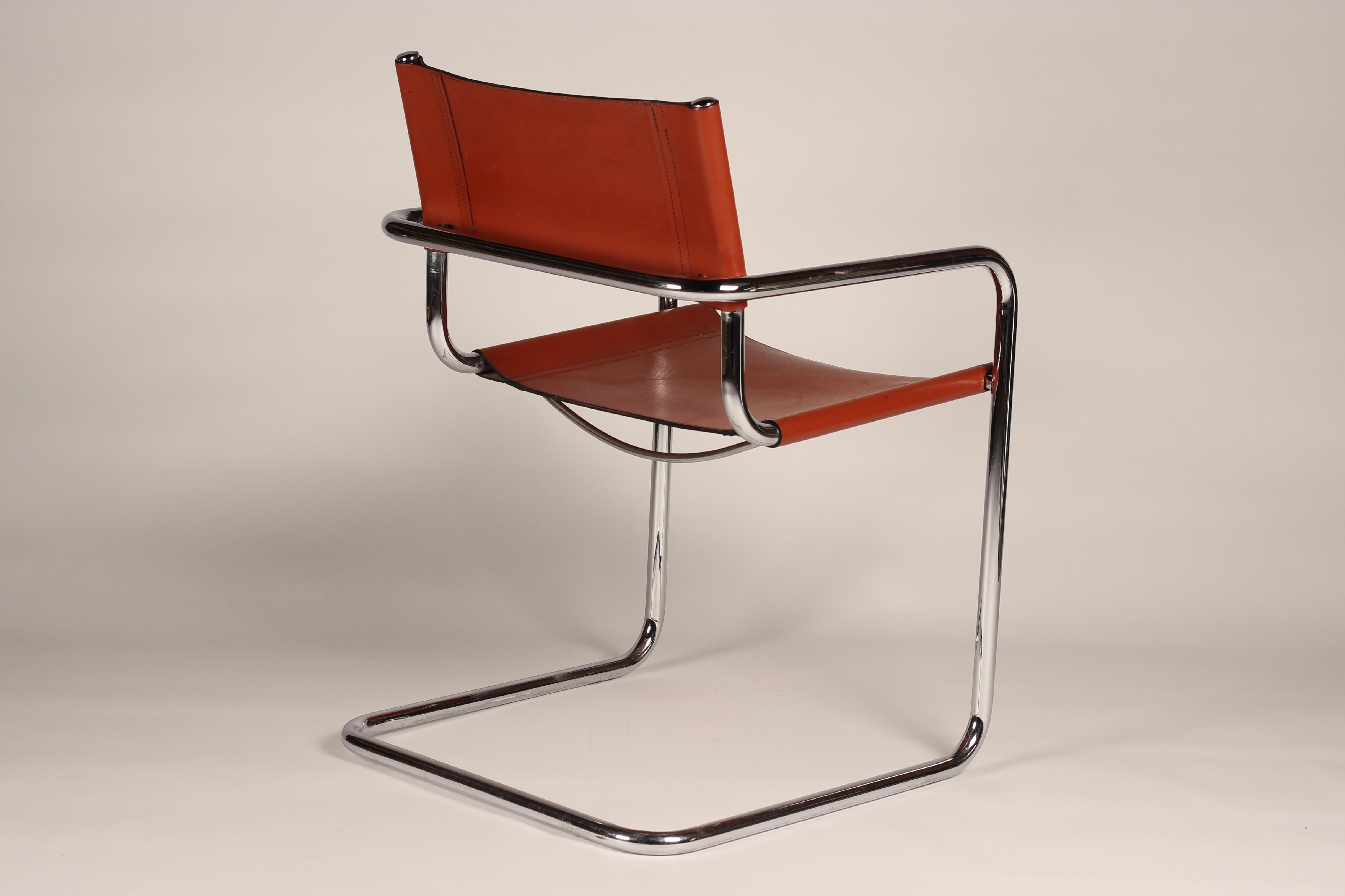 Set of 4 Cantilevered Cognac Leather and Chrome Armchairs After Mart Stam 9