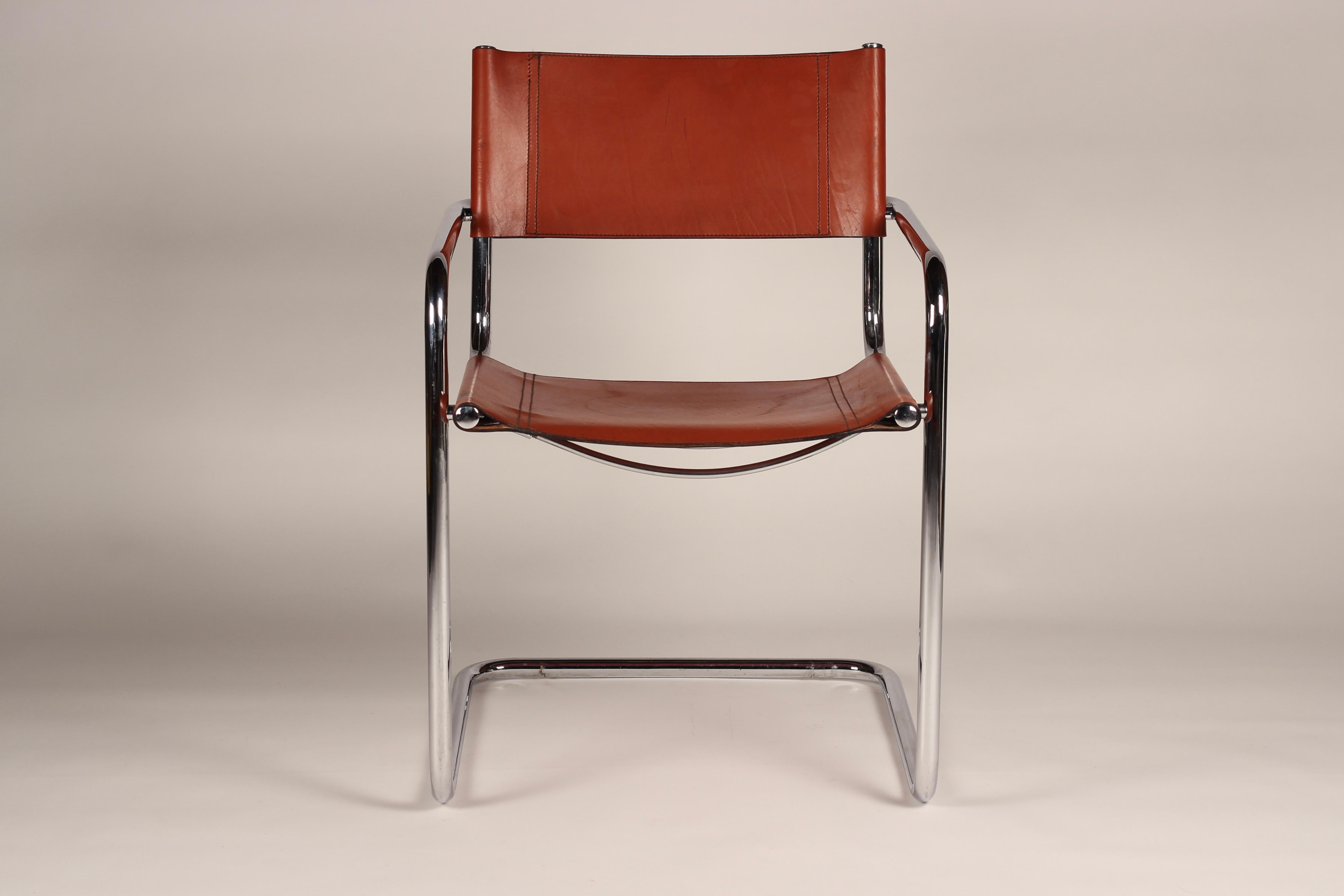 Set of 4 Cantilevered Cognac Leather and Chrome Armchairs After Mart Stam 10