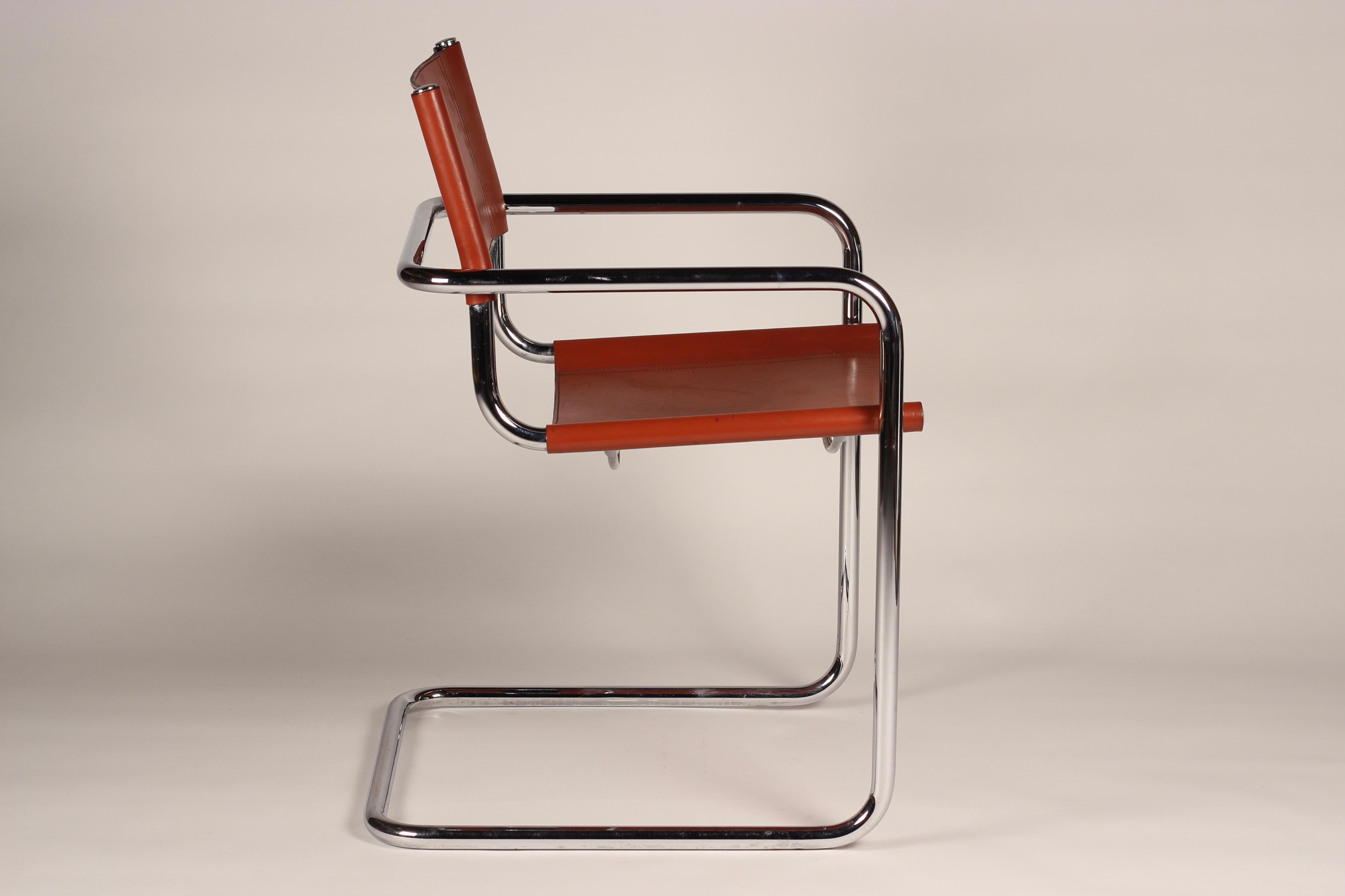 Set of 4 Cantilevered Cognac Leather and Chrome Armchairs After Mart Stam 11