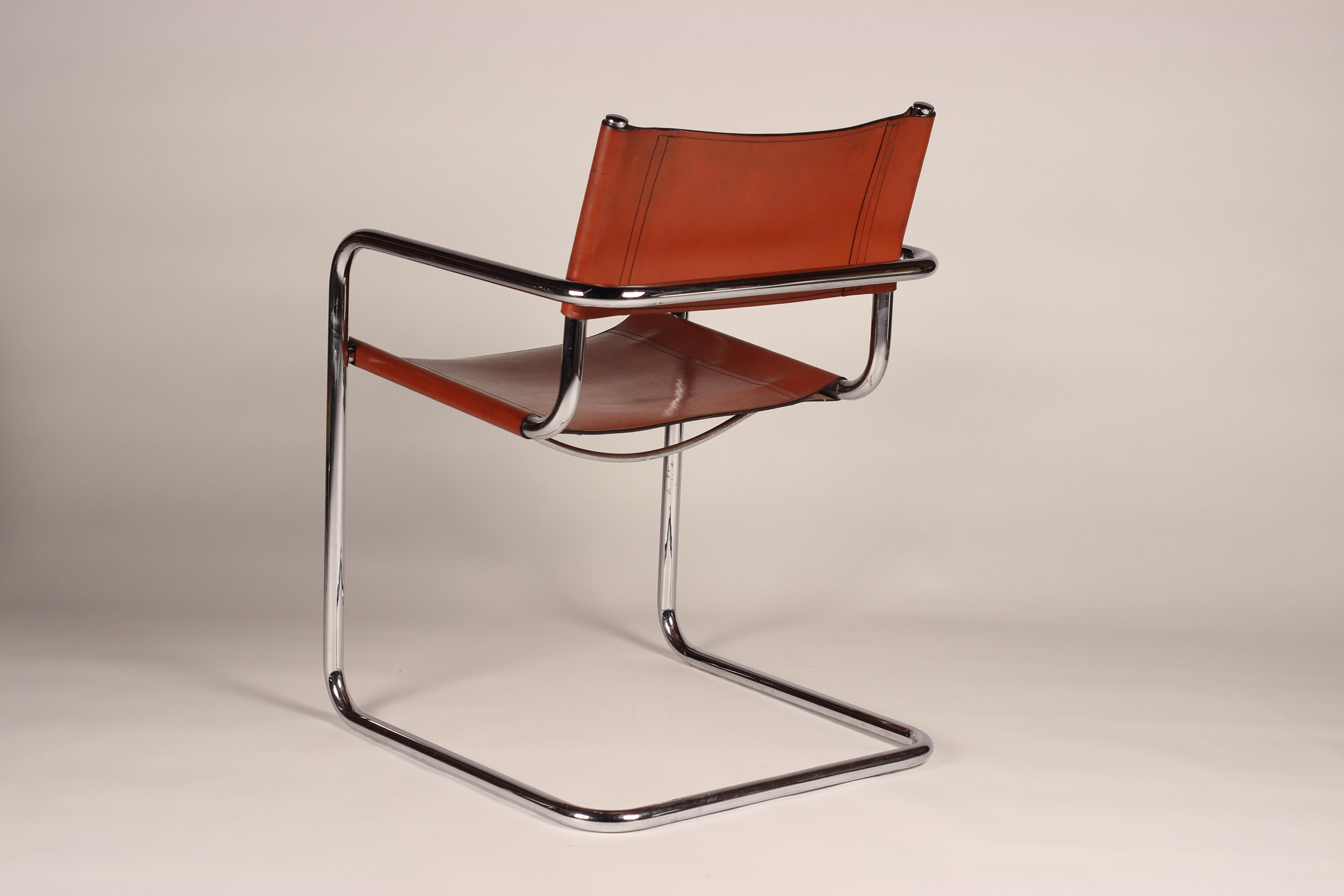 Set of 4 Cantilevered Cognac Leather and Chrome Armchairs After Mart Stam 14