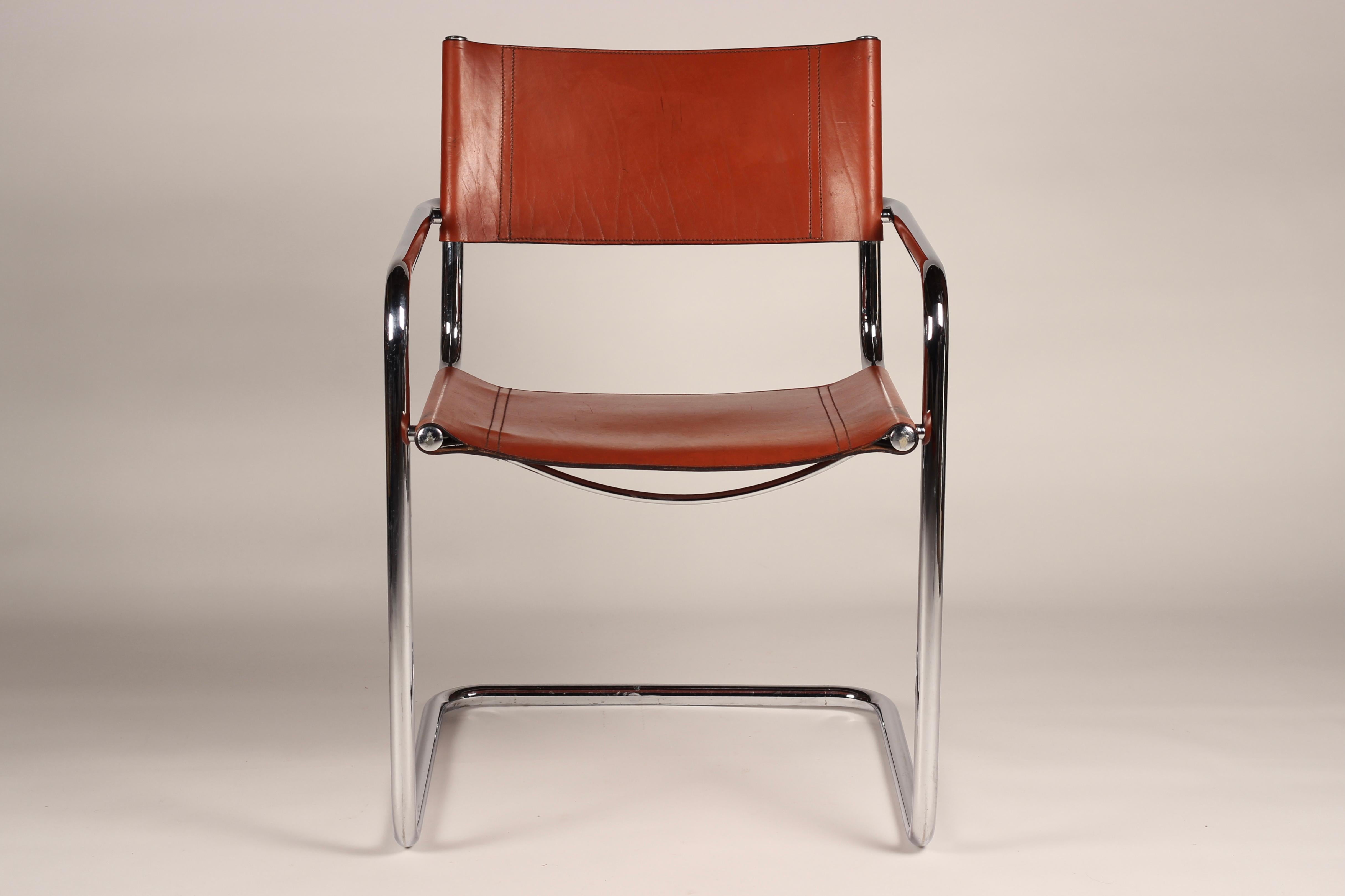 Bauhaus Set of 4 Cantilevered Cognac Leather and Chrome Armchairs After Mart Stam