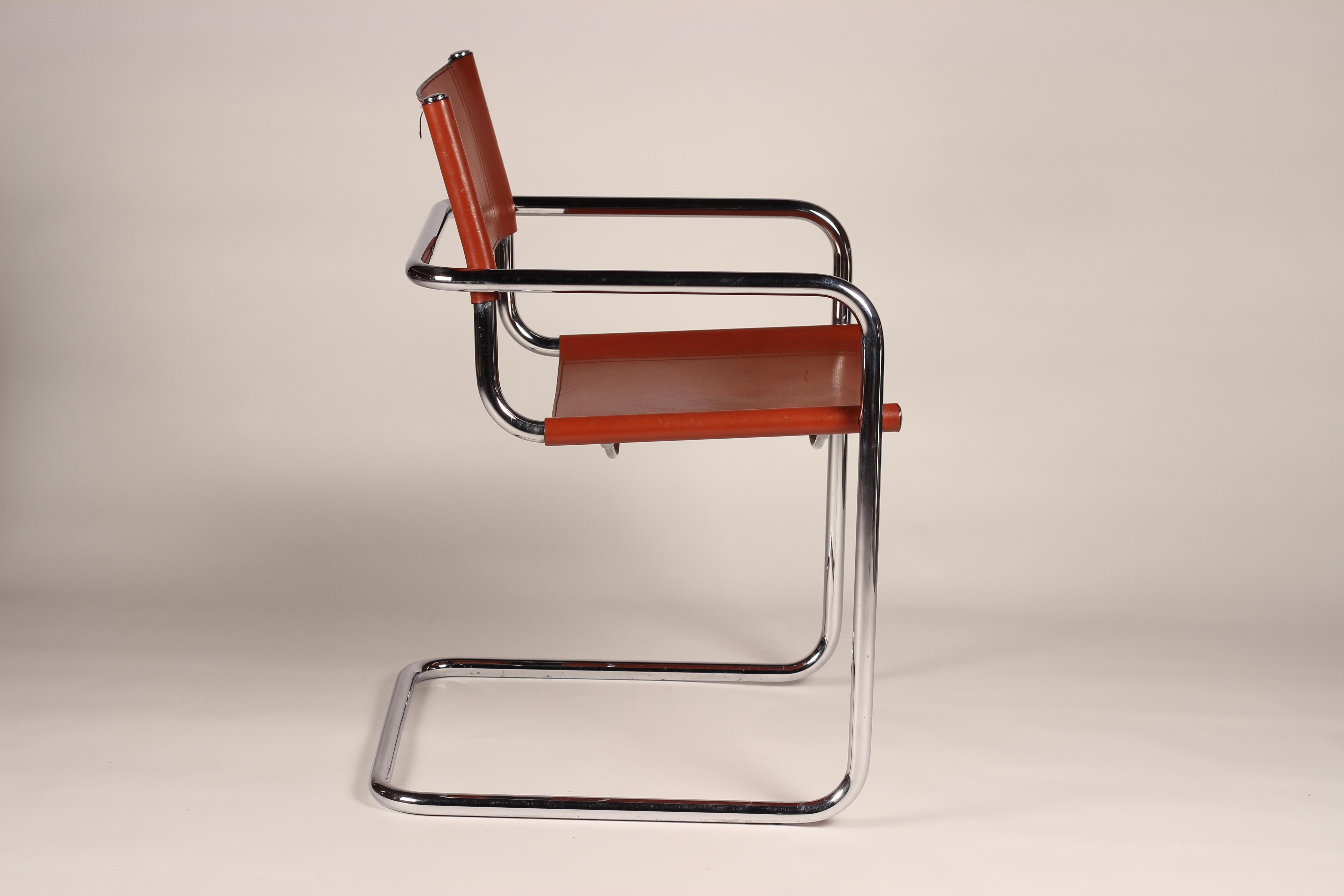 Italian Set of 4 Cantilevered Cognac Leather and Chrome Armchairs After Mart Stam