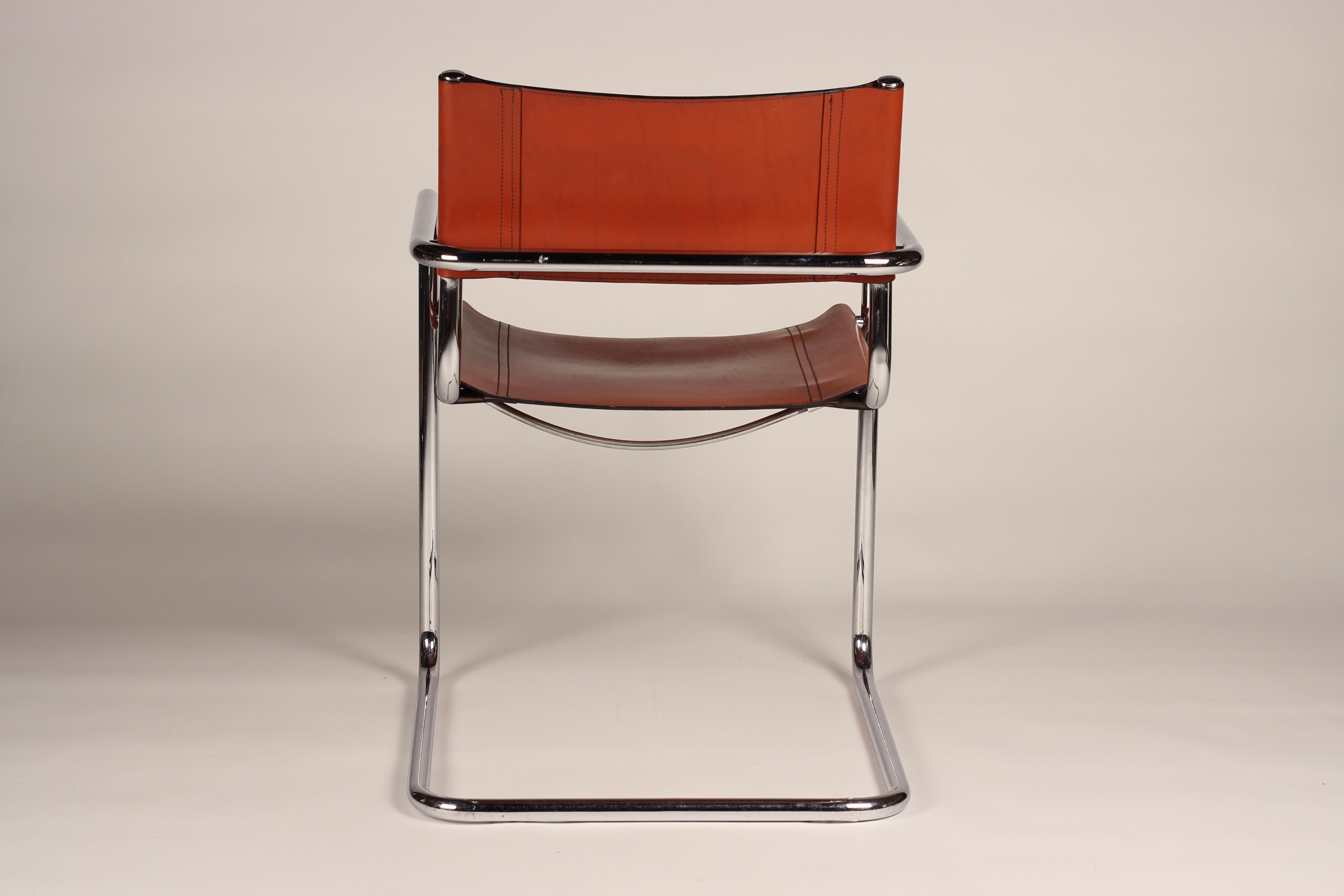 Late 20th Century Set of 4 Cantilevered Cognac Leather and Chrome Armchairs After Mart Stam