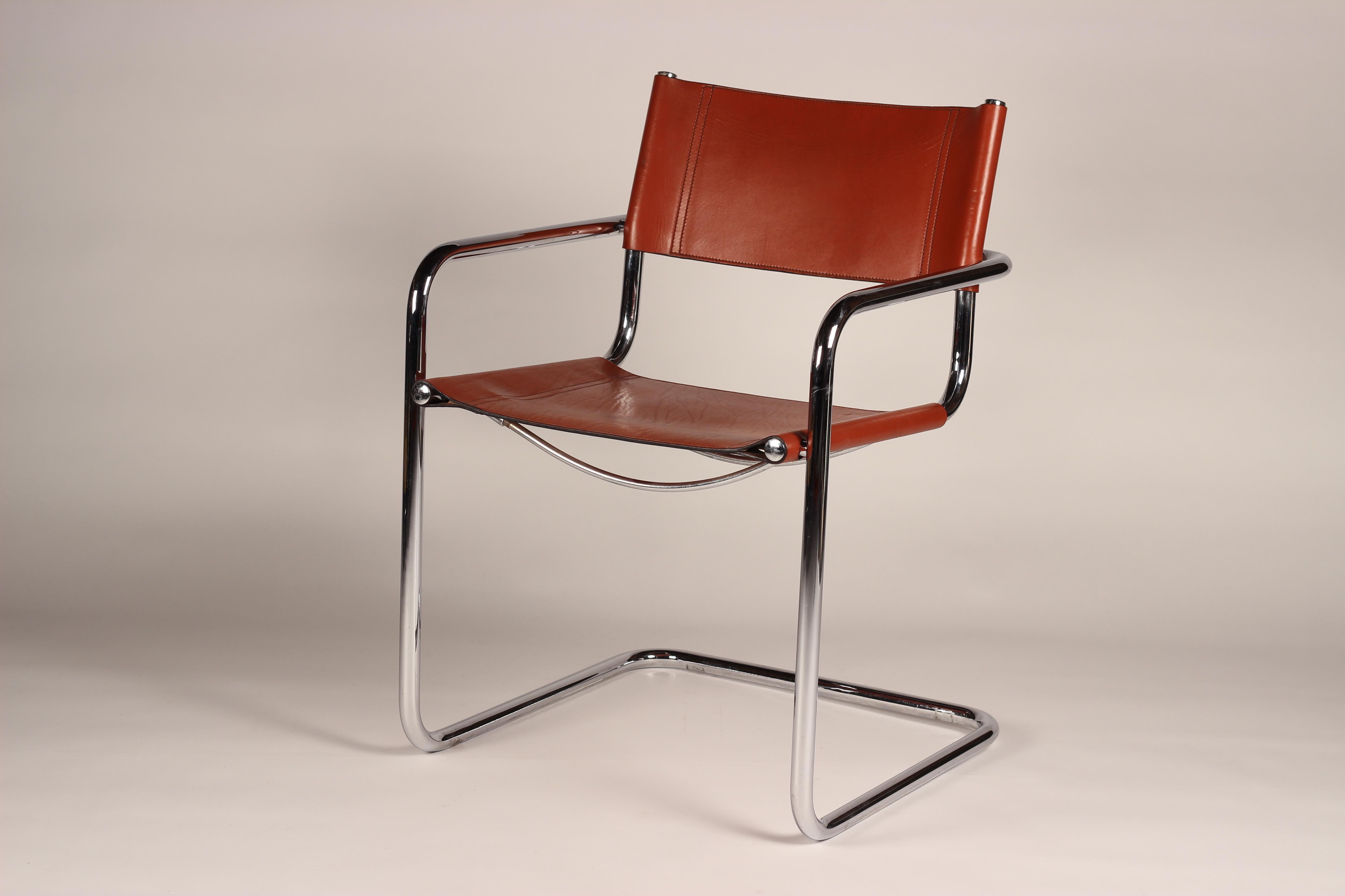 Set of 4 Cantilevered Cognac Leather and Chrome Armchairs After Mart Stam 2