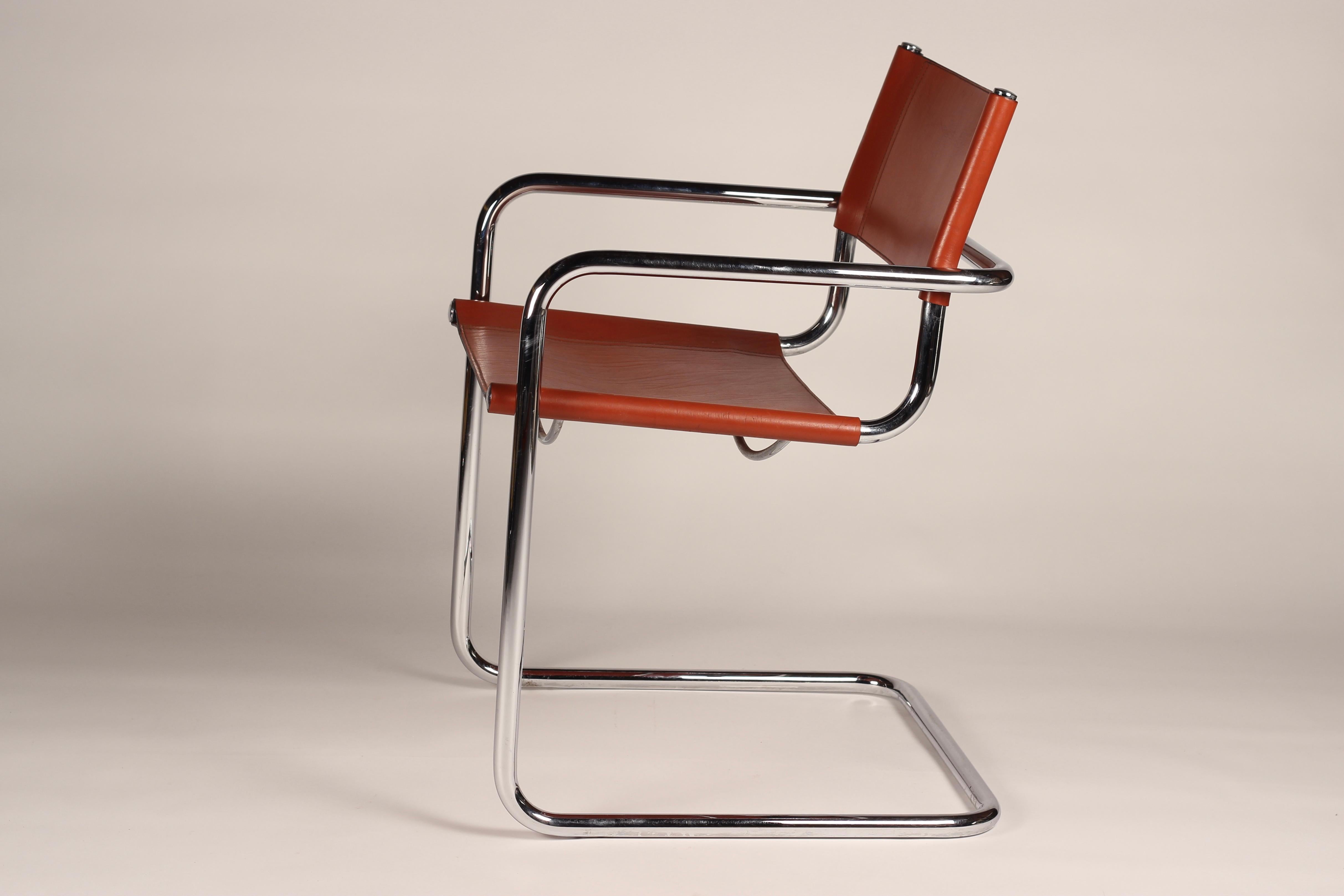 Set of 4 Cantilevered Cognac Leather and Chrome Armchairs After Mart Stam 3