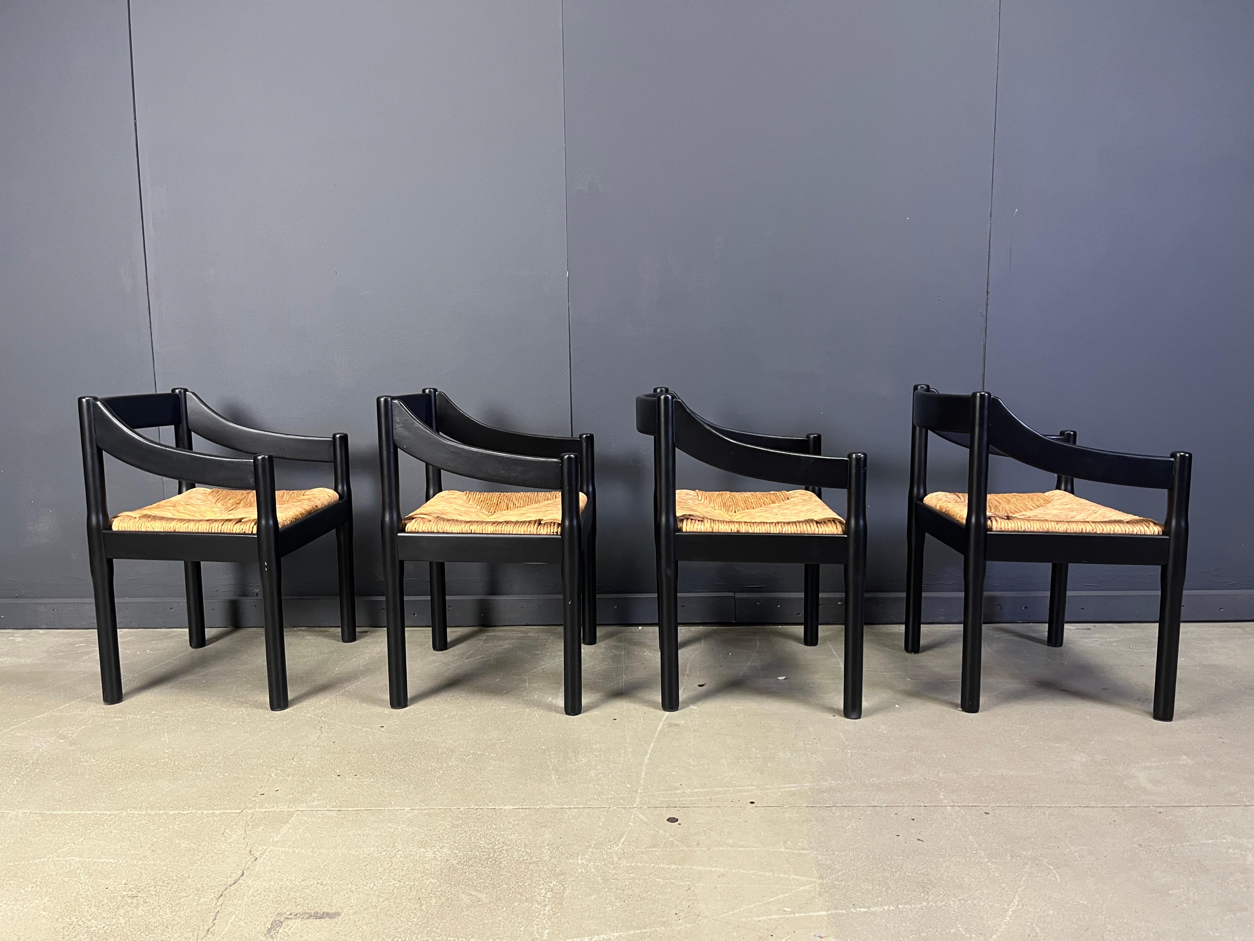 Wicker Set of 4 carimate armchairs by Vico Magistretti, 1960s For Sale