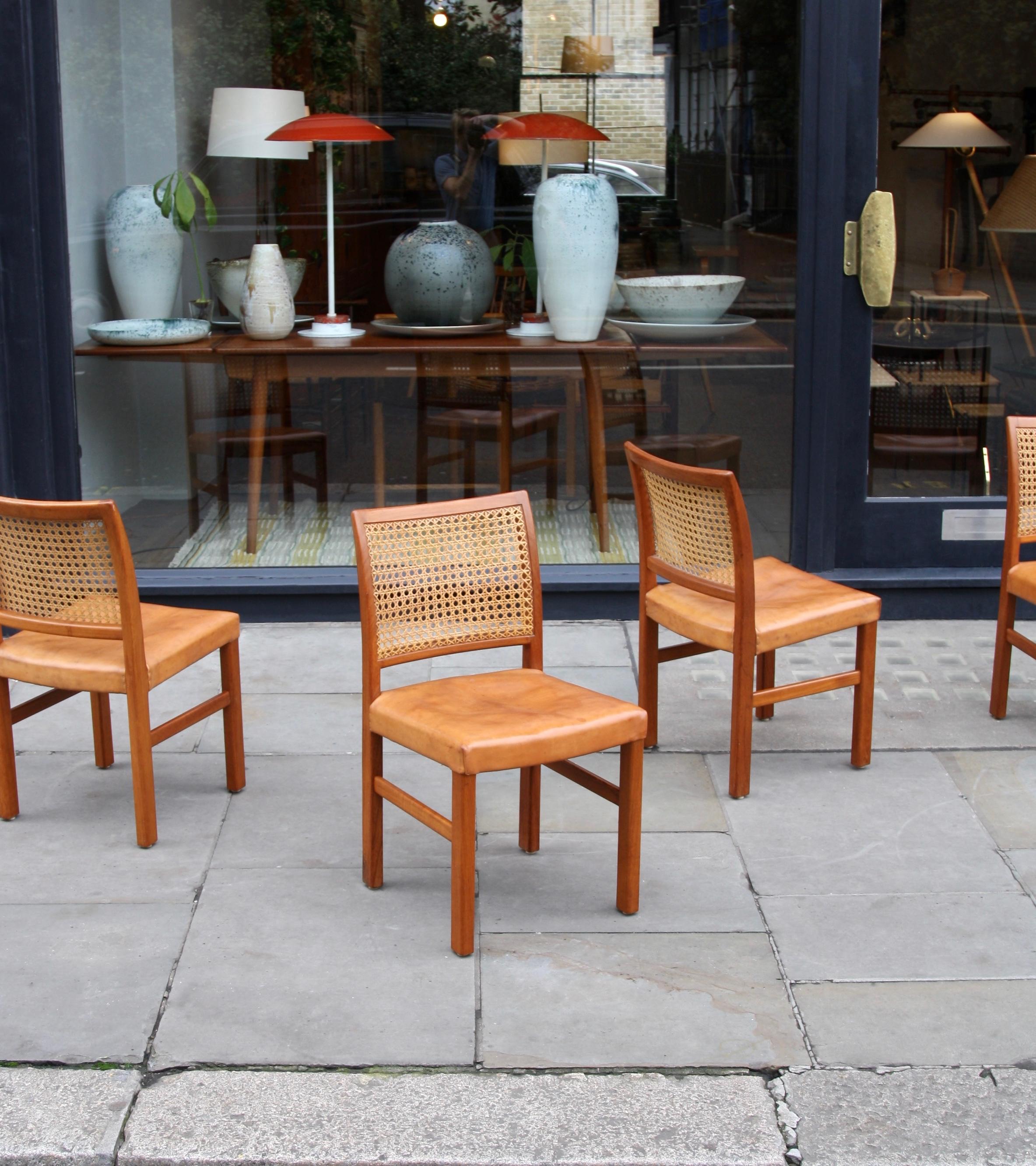 Set of 4 Carl-Gustav Hiort af Ornäs Teak, Leather and Woven Cane Dining Chairs 3