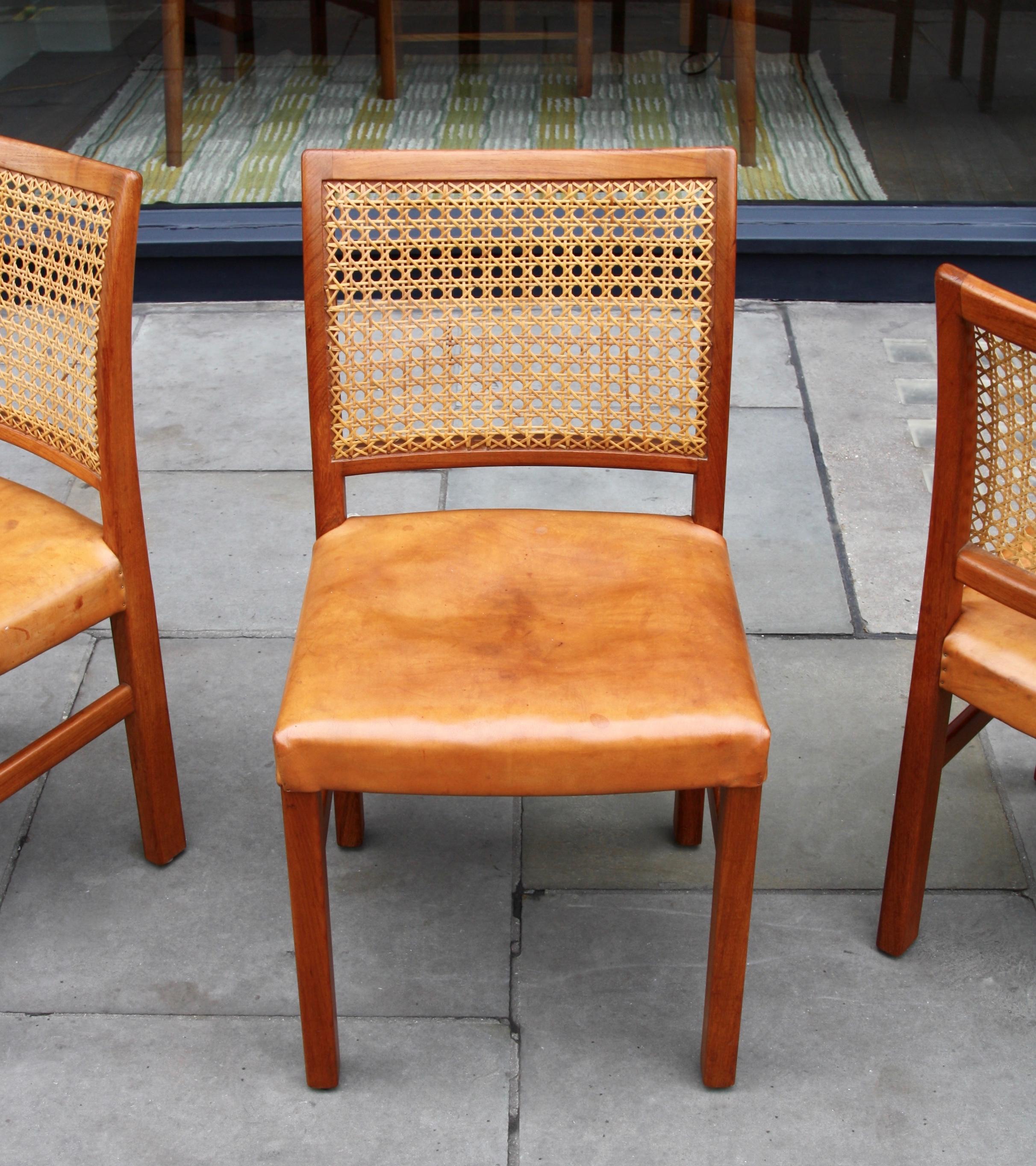 Scandinavian Modern Set of 4 Carl-Gustav Hiort af Ornäs Teak, Leather and Woven Cane Dining Chairs