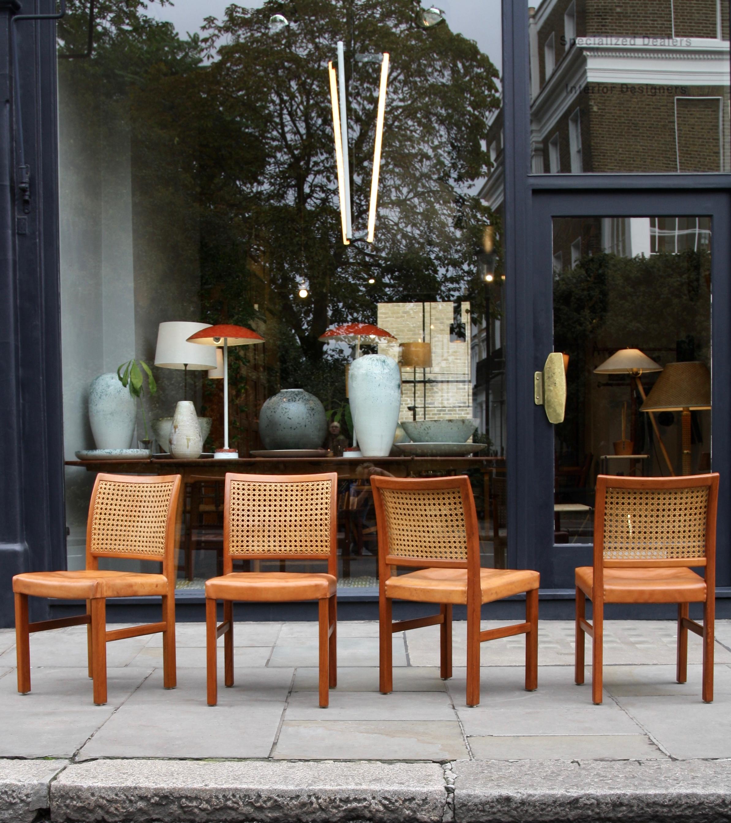 Finnish Set of 4 Carl-Gustav Hiort af Ornäs Teak, Leather and Woven Cane Dining Chairs