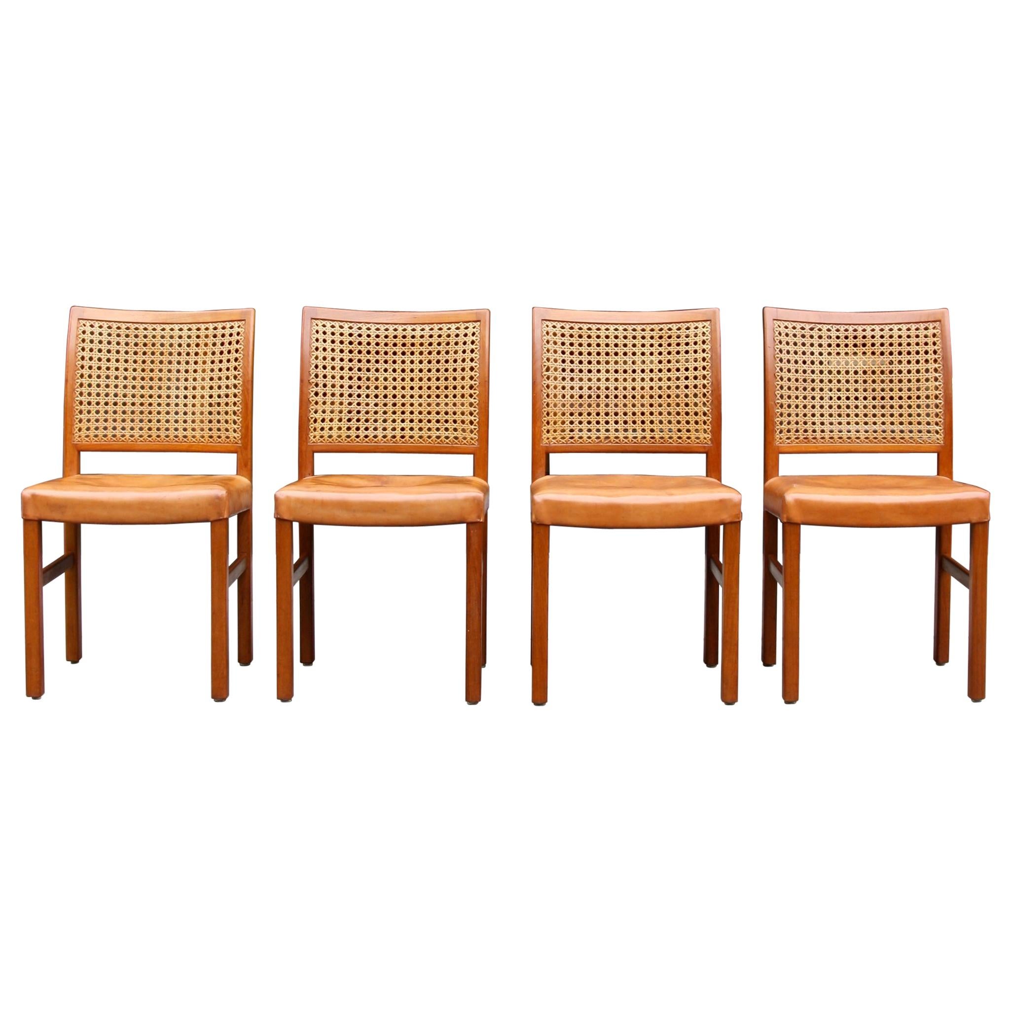 Set of 4 Carl-Gustav Hiort af Ornäs Teak, Leather and Woven Cane Dining Chairs