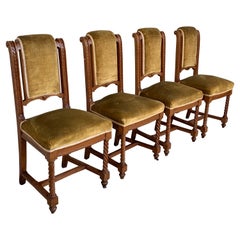 Set di 4 sedie da sala da pranzo intagliate in stile Luigi XIII con seduta e schienale in velluto