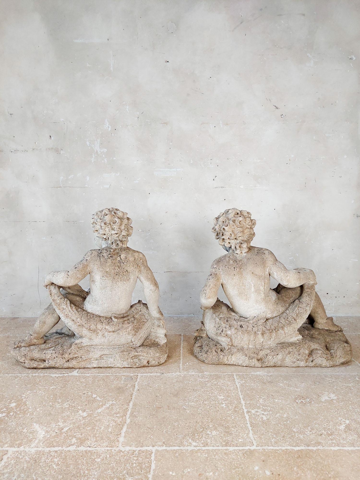 Set of 4 carved limestone fountain putti seated with dolphins For Sale 8