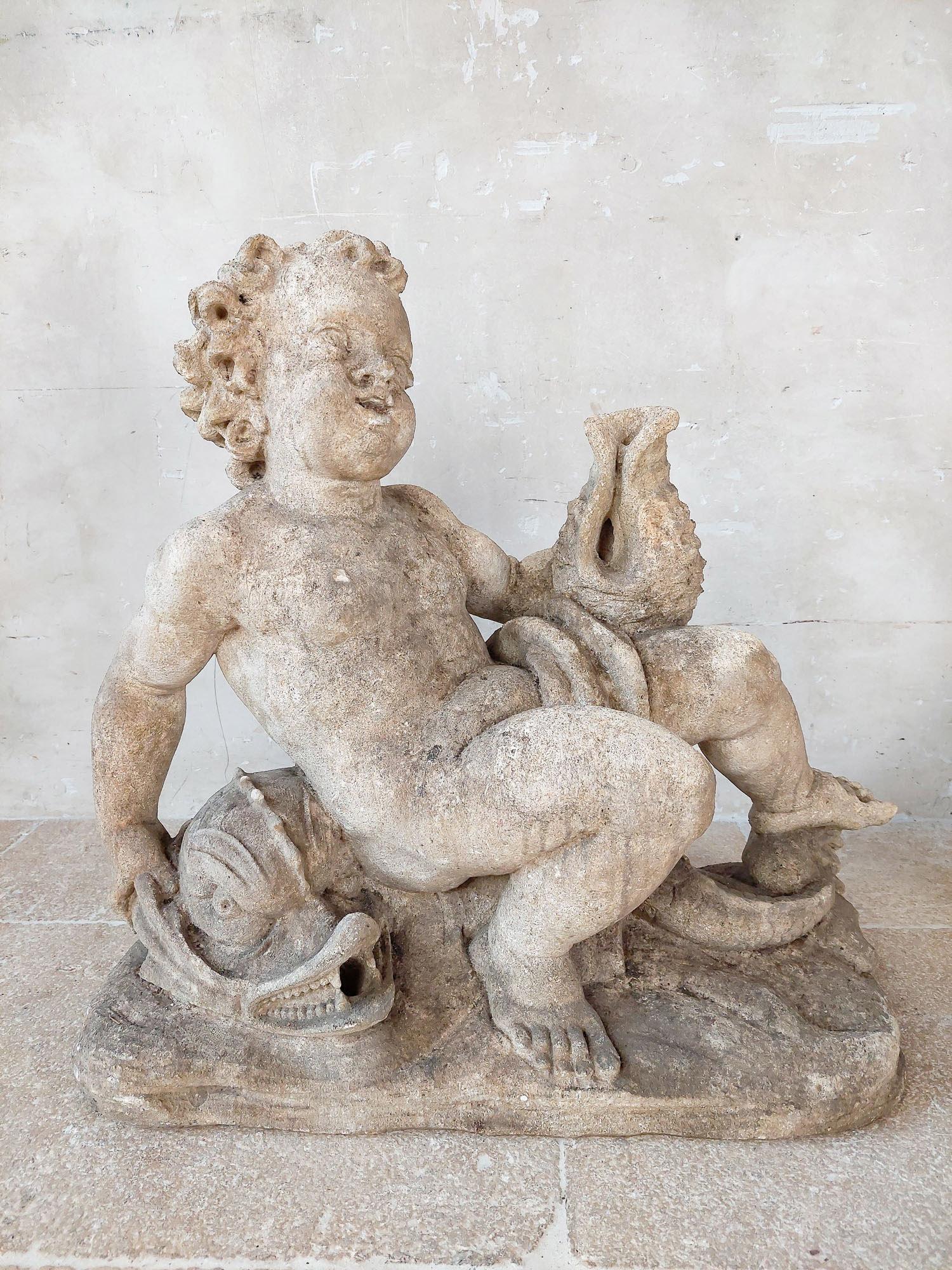 19th Century Set of 4 carved limestone fountain putti seated with dolphins For Sale