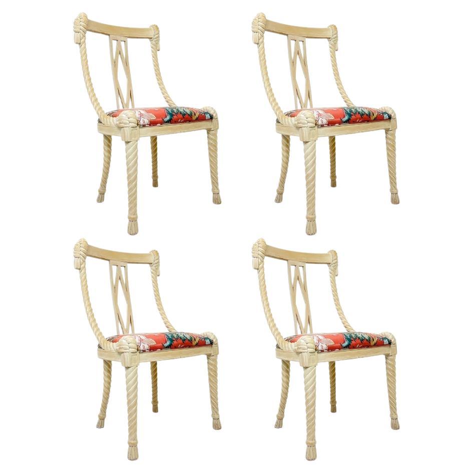Set of 4 Carved Wood Rope & Tassel Dining Chairs For Sale