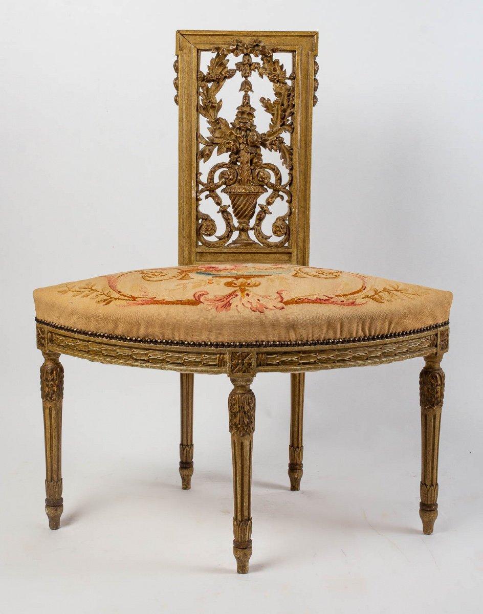 European Set of 4 Carved Wooden Chairs and Aubusson Tapestry, Late 19th Century