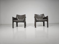 Set of 2 Cassina CAB-414 armchairs in grey leather by Mario Bellini, 1980s