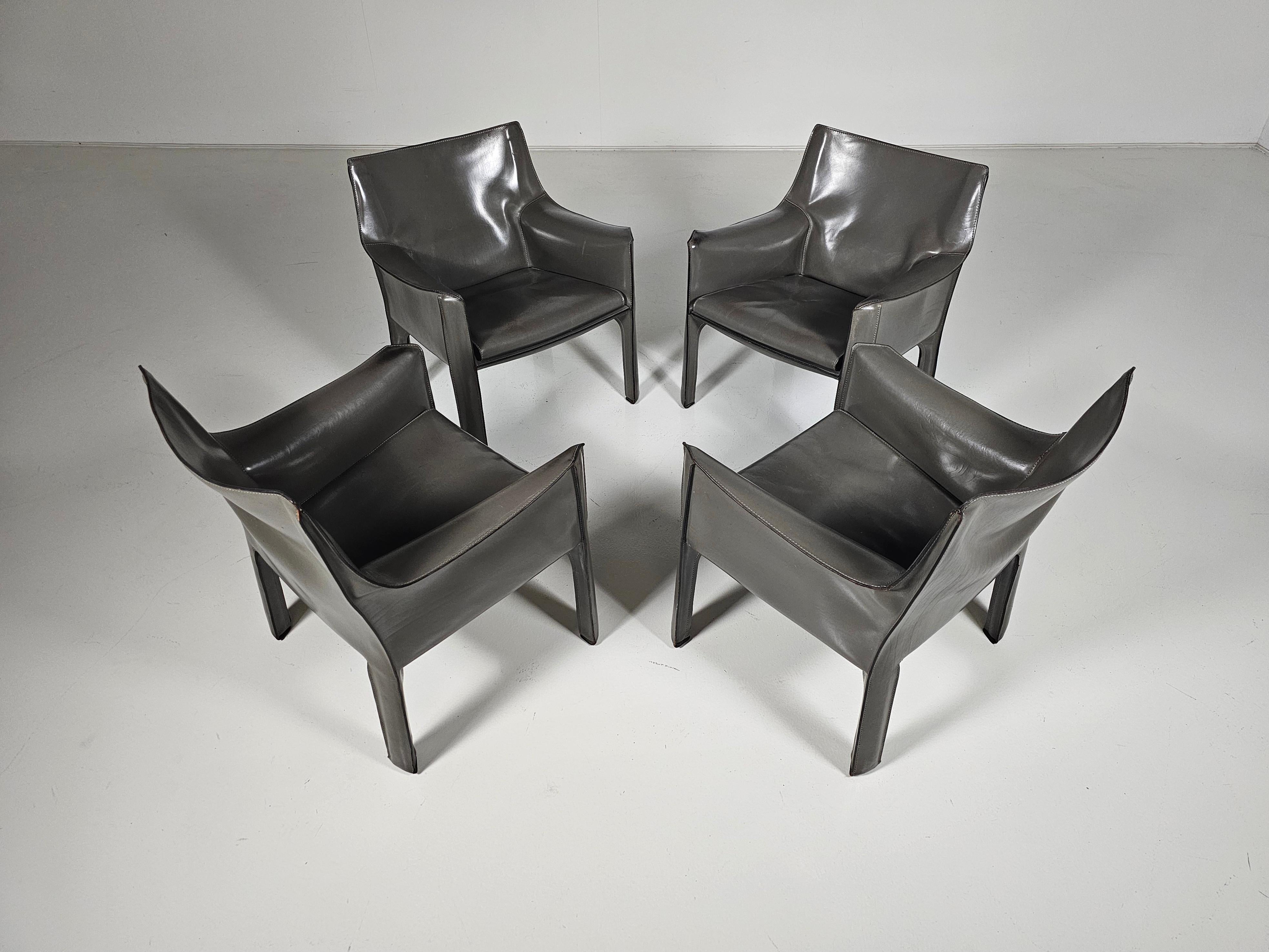 Italian Set of 4 Cassina CAB-414 armchairs in grey leather by Mario Bellini, 1980s