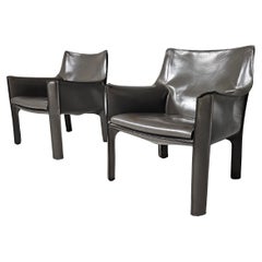 Set of 2 Cassina CAB-414 armchairs in grey leather by Mario Bellini, 1980s