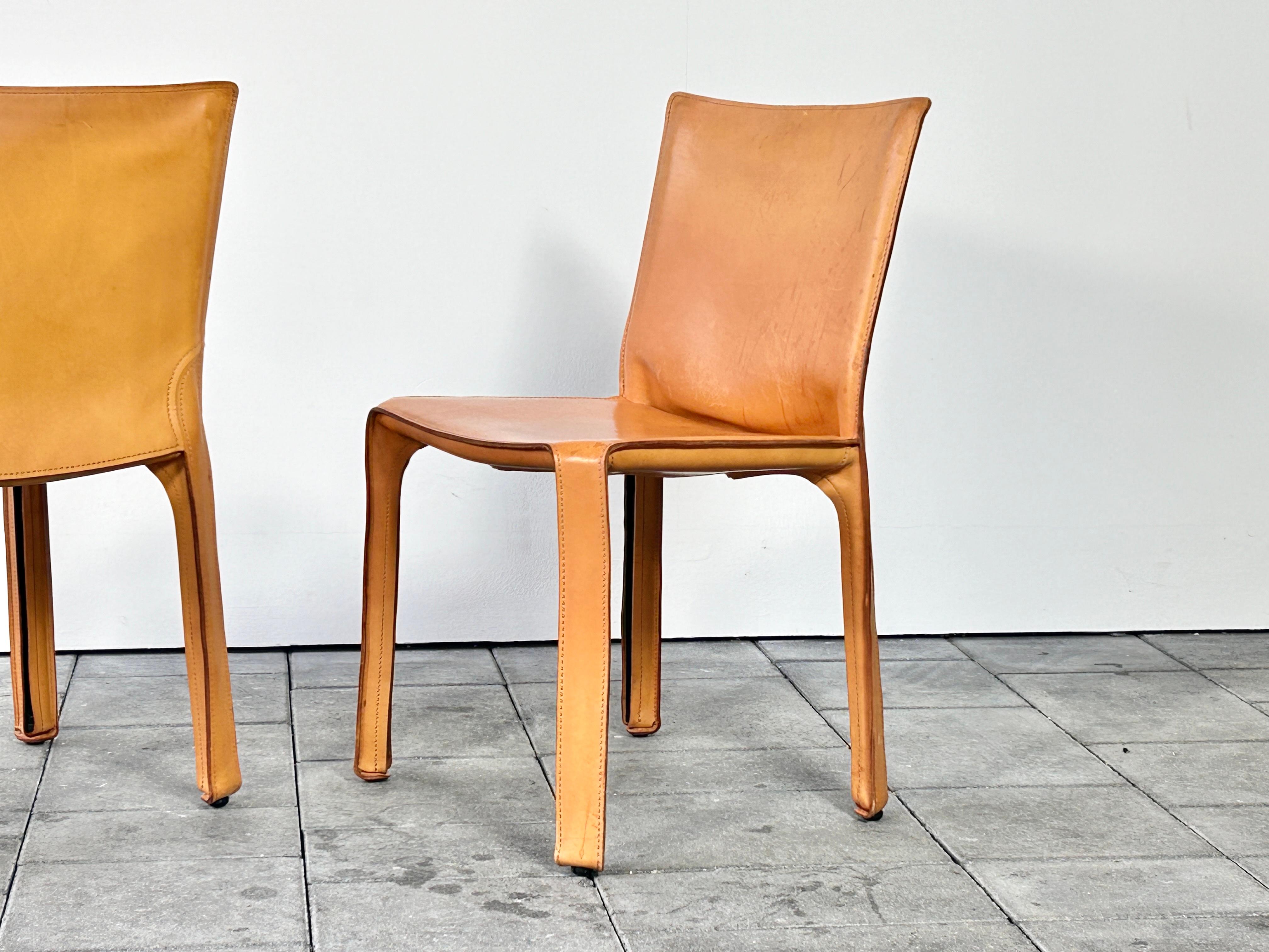 Metal Set of 4 Cassina Cab Chairs designed by Mario Bellini 1978 in Natural Leather