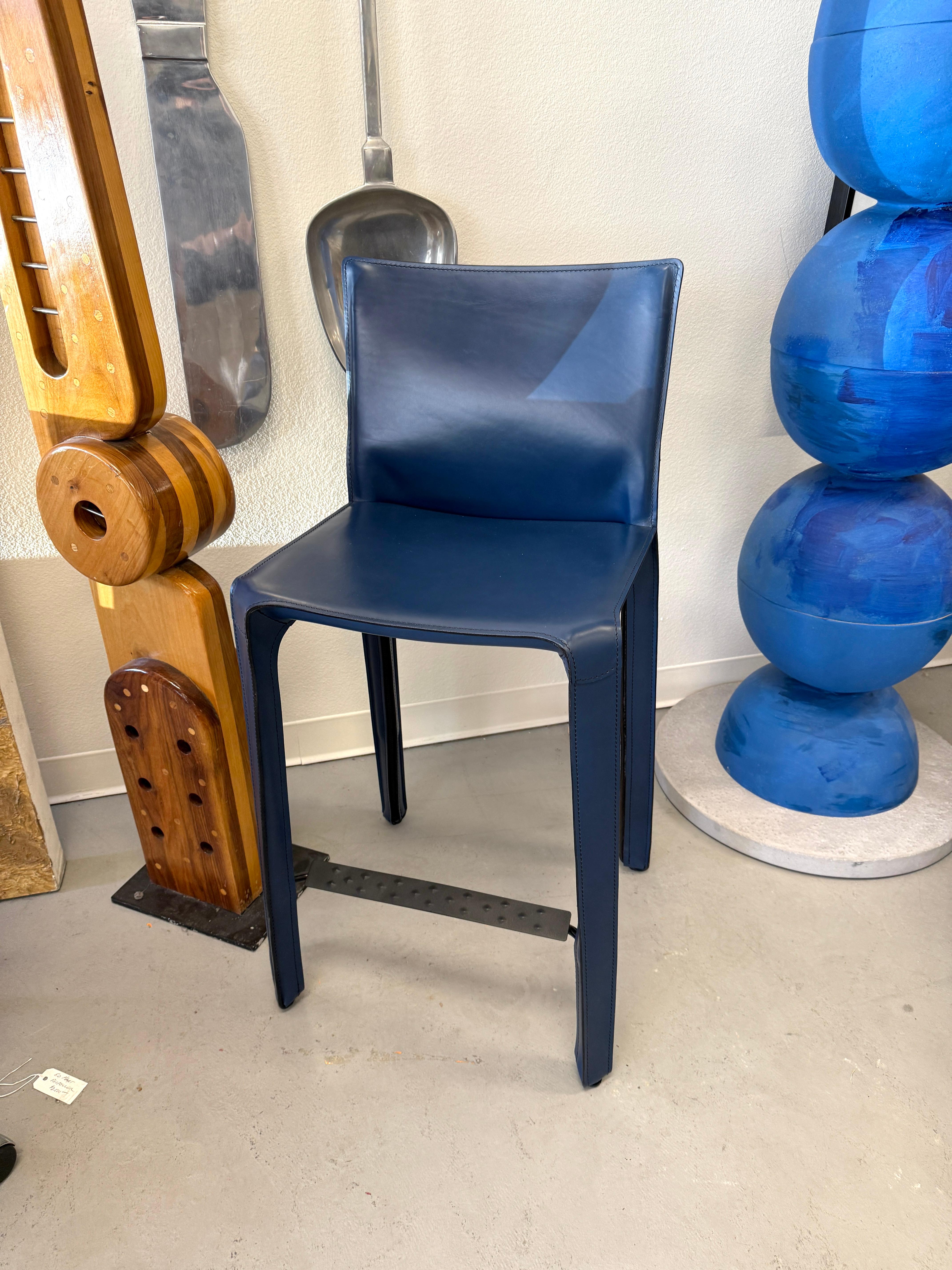 Italian Set of 4 Cassina Mario Bellini Cab 410 Blue Leather Counter Stools For Sale